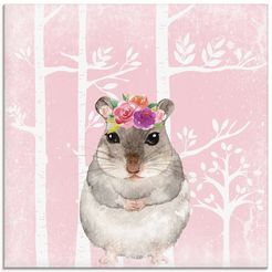 artland print op glas hamster met bloemen in pink bos (1 stuk) roze