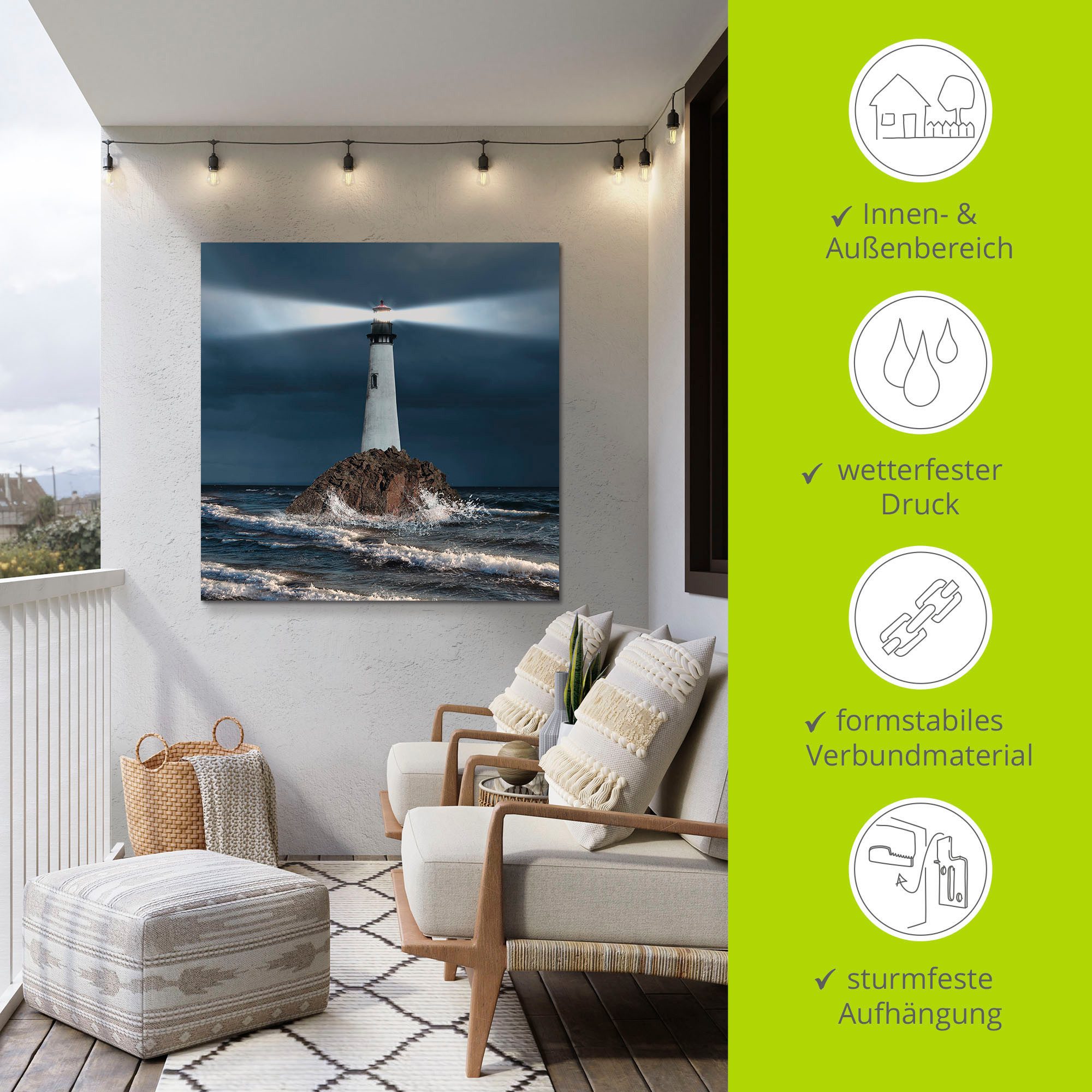 Artland Artprint van vuurtoren met lichtbundel als artprint van aluminium, artprint voor buiten, artprint op linnen, poster, muursticker