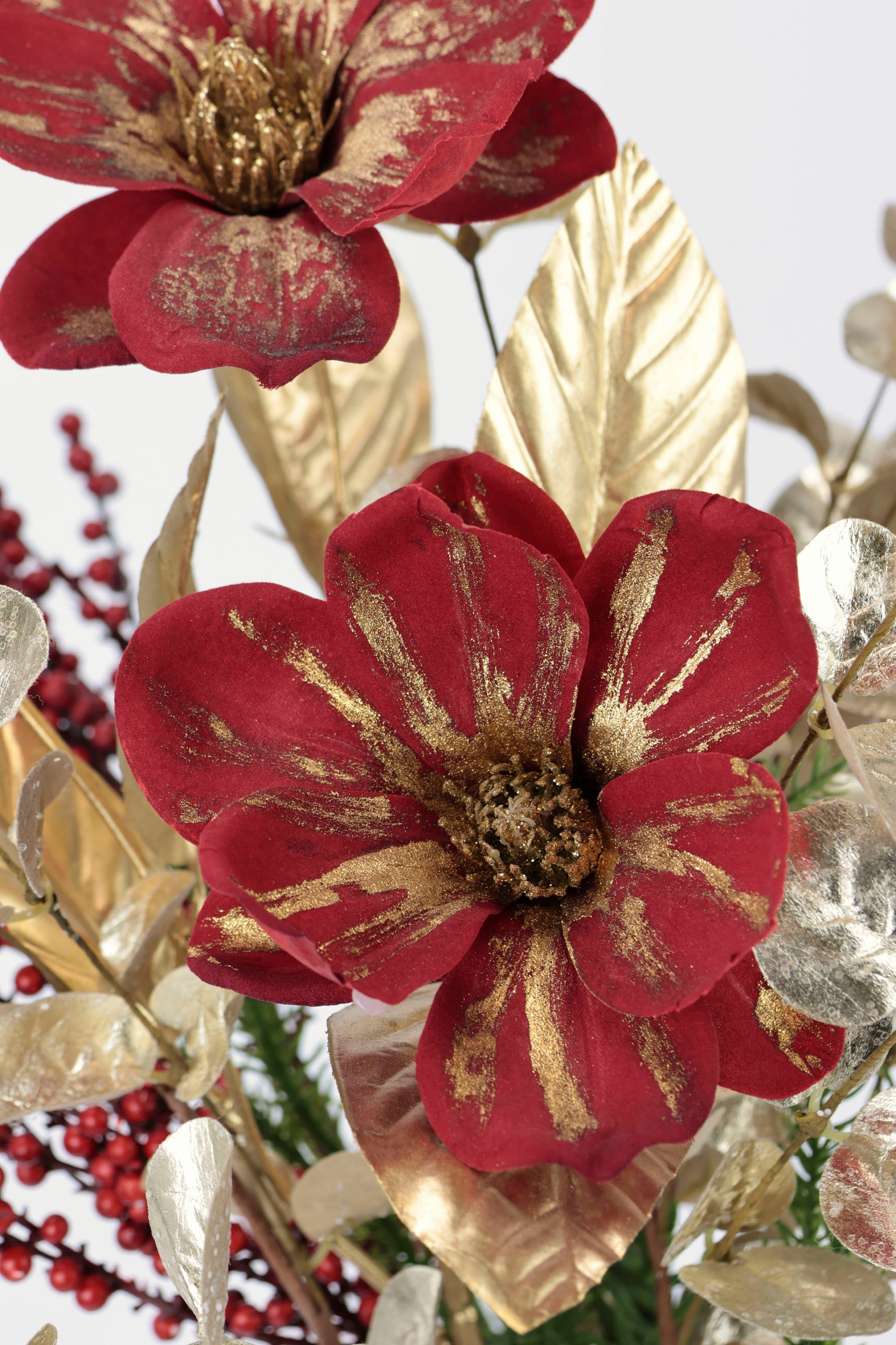 I.GE.A. Winterse kunstplant Arrangement met magnolia in keramische vaas, kerstdecoratie, Kunstbloemenarrangement, feestelijk bloemenensemble, kerststuk
