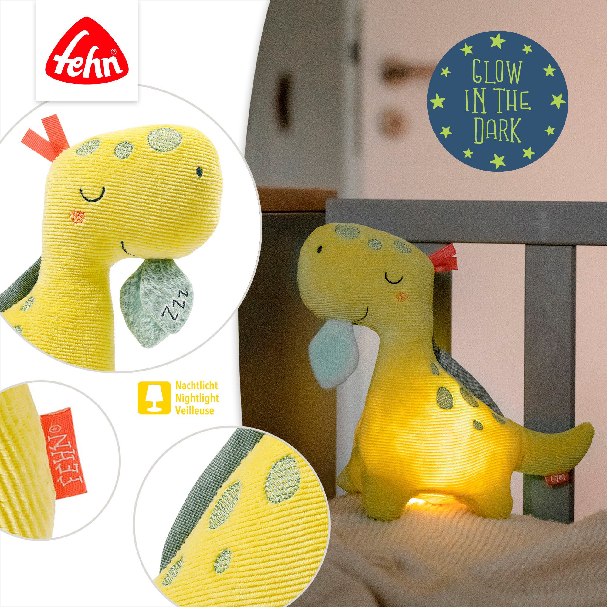 Fehn Knuffelbeest HAPPY DINO met "glow-in-the-dark"-borduursel & nachtlicht-module