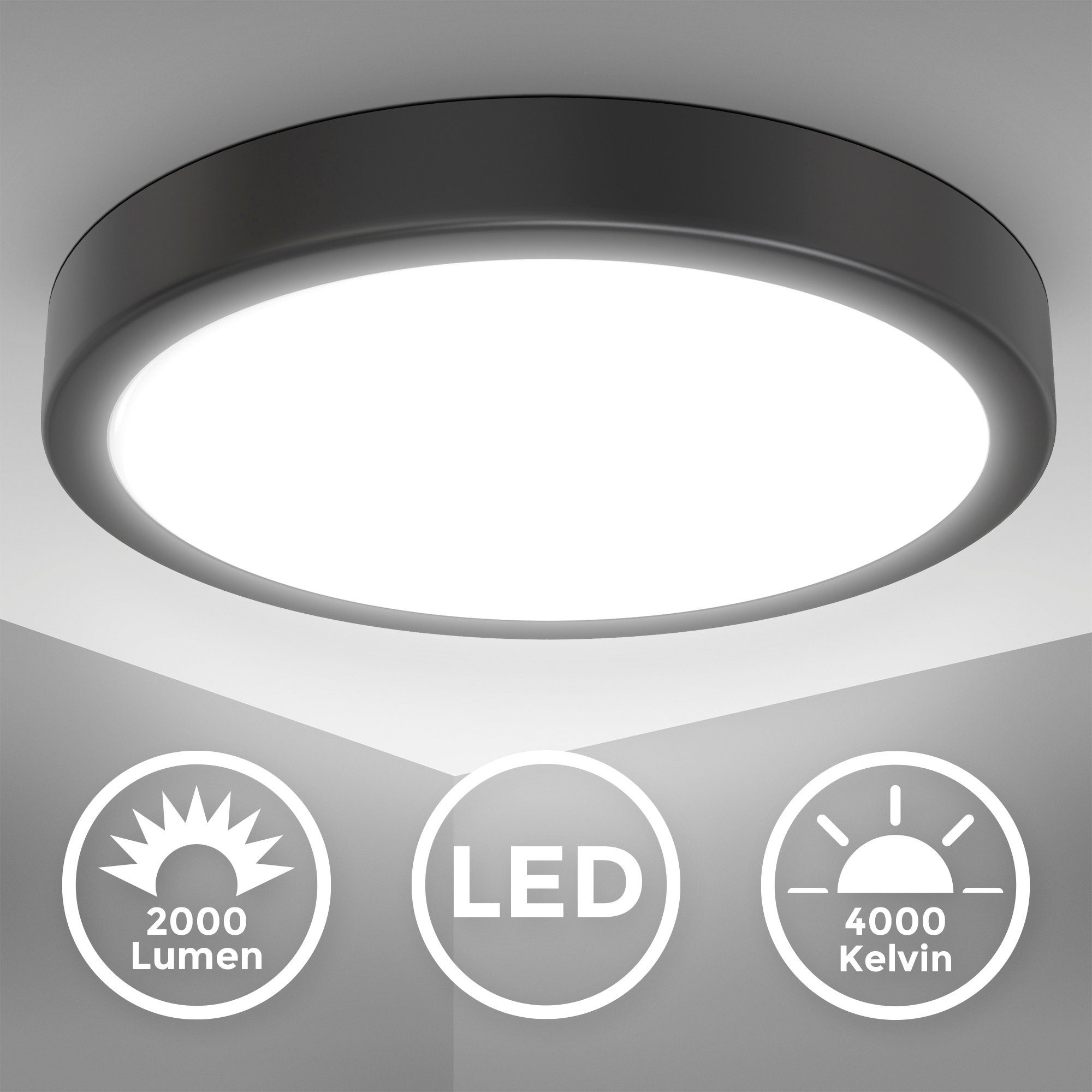 B.K.Licht Led-plafondlamp BK_DL1520 LED plafondlamp, Ø28cm, 18 watt, zwart 2.000 lumen, 4000k neutraal wit licht, keukenlamp, woonkamer (1 stuk)