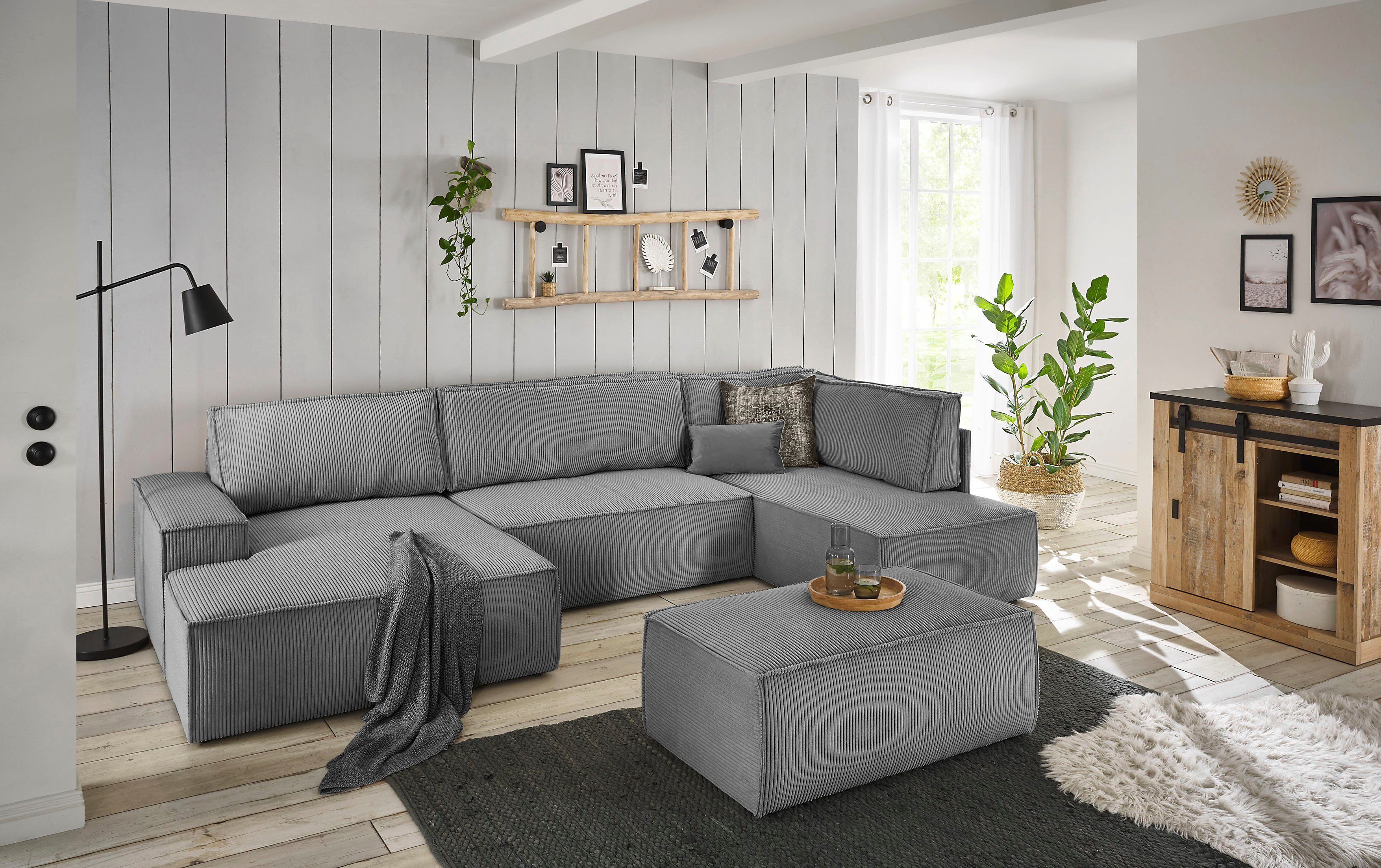 Home affaire Zithoek SHERWOOD 329 cm, U-vorm, slaapbank, Slaapfunctie met bedkist (194x139 cm), cord, vintage, fluweel