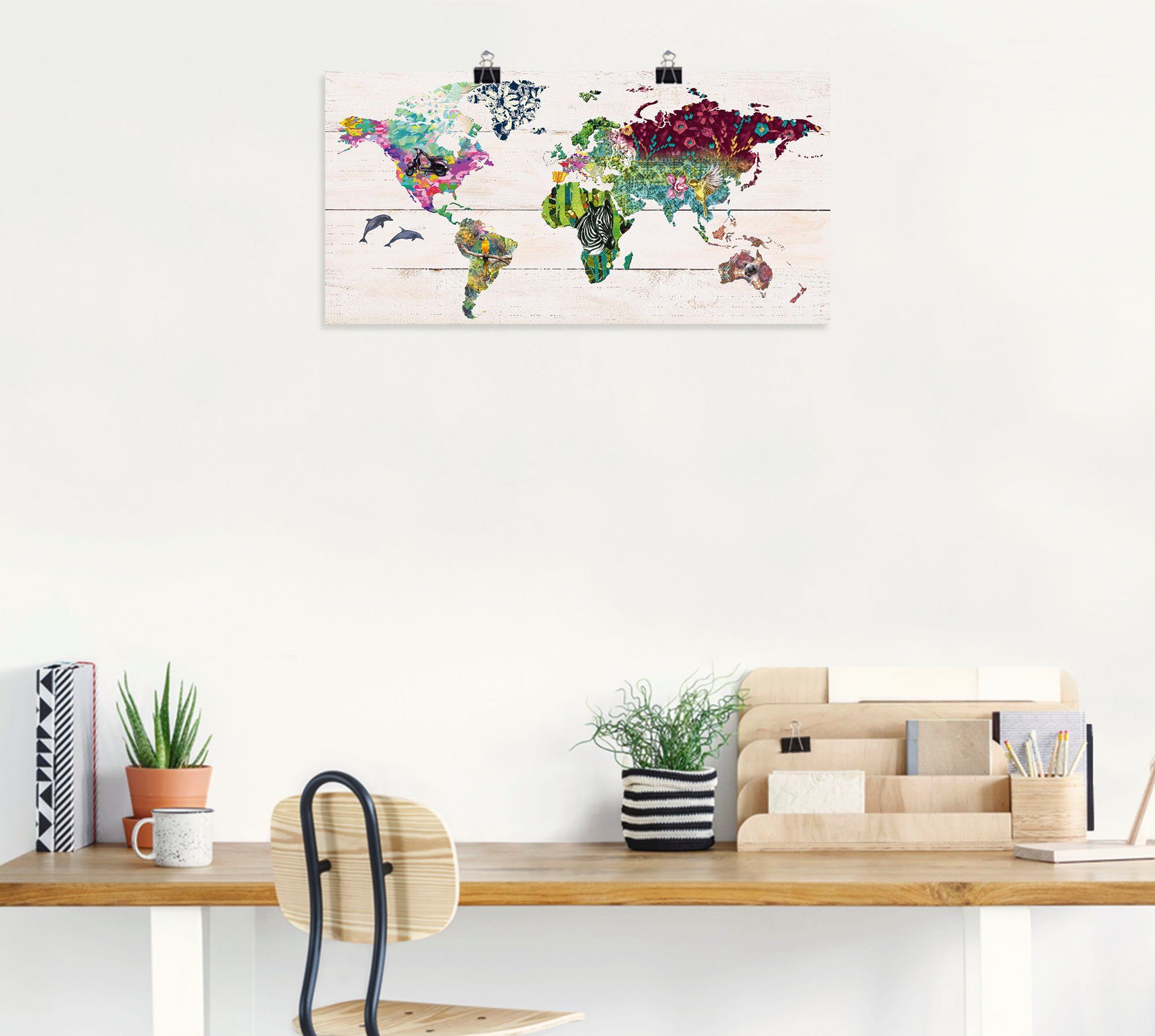 Artland Artprint Veelkleurige wereld op houten ondergrond als artprint op linnen, poster in verschillende formaten maten