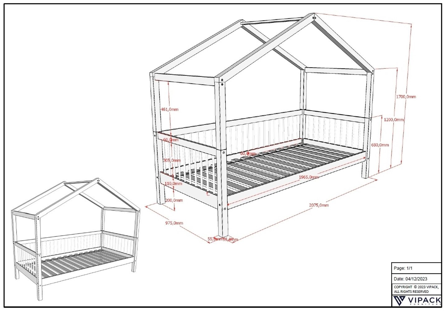 Home affaire Huisbed Forrest met dakconstructie, valbeveiliging, later om te bouwen tot een eenpersoonsbed