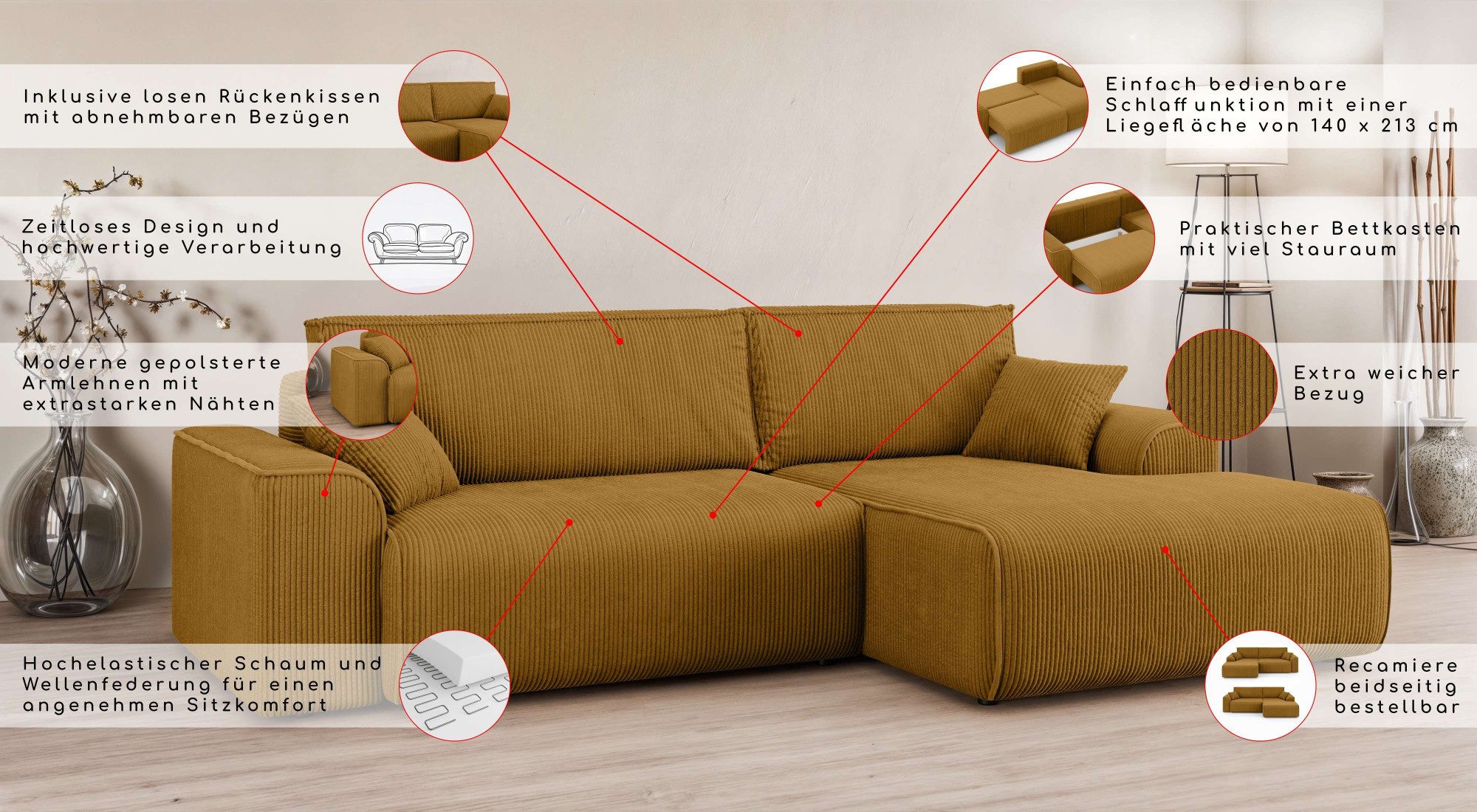Home affaire Hoekbank Santenay met bedfunctie en bedlade, afmetingen: B/D/H 266/164/90 cm