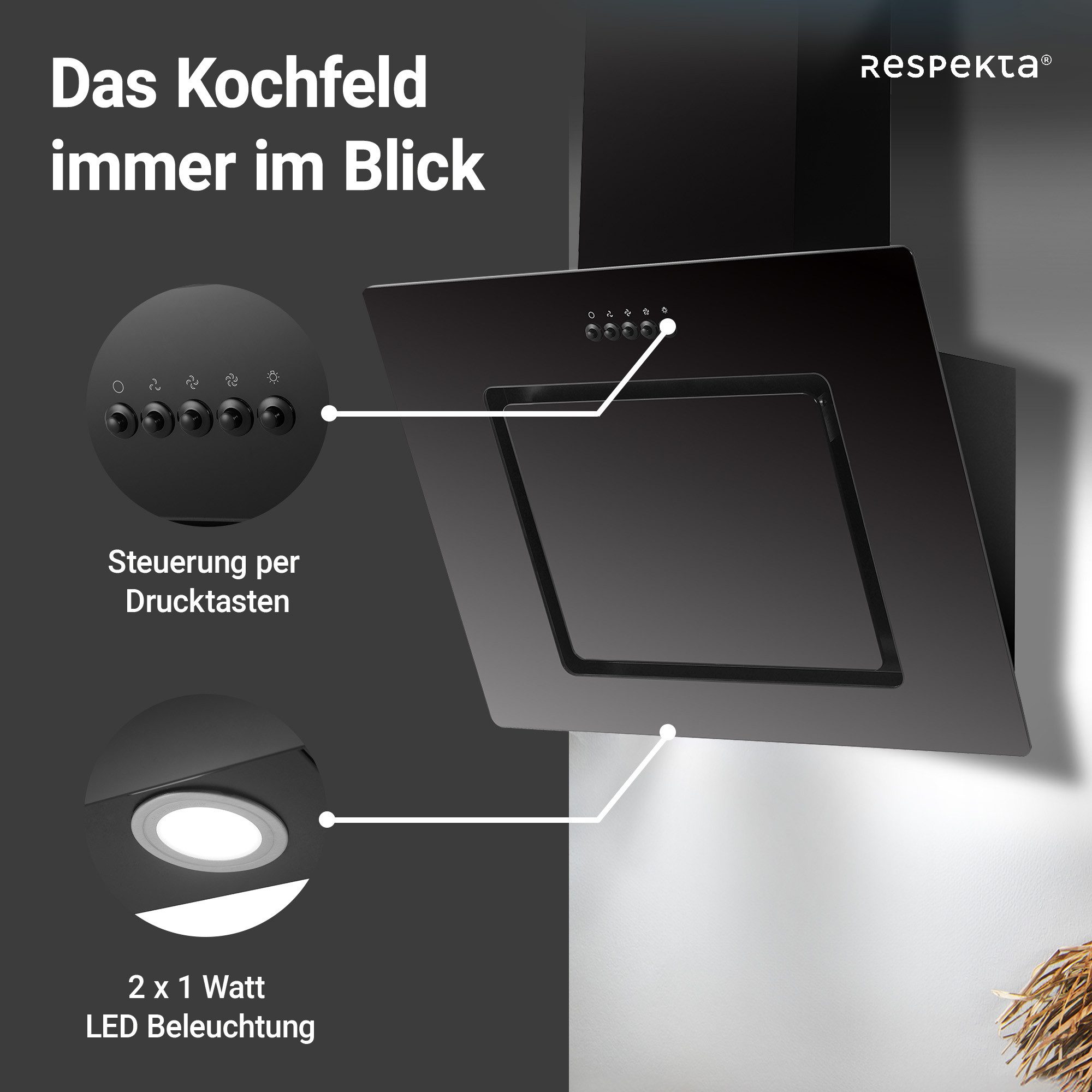 RESPEKTA Schuine wandkap CH22010 60 cm, 3 vermogensniveaus, led-verlichting, geschikt voor afzuiging en recirculatie