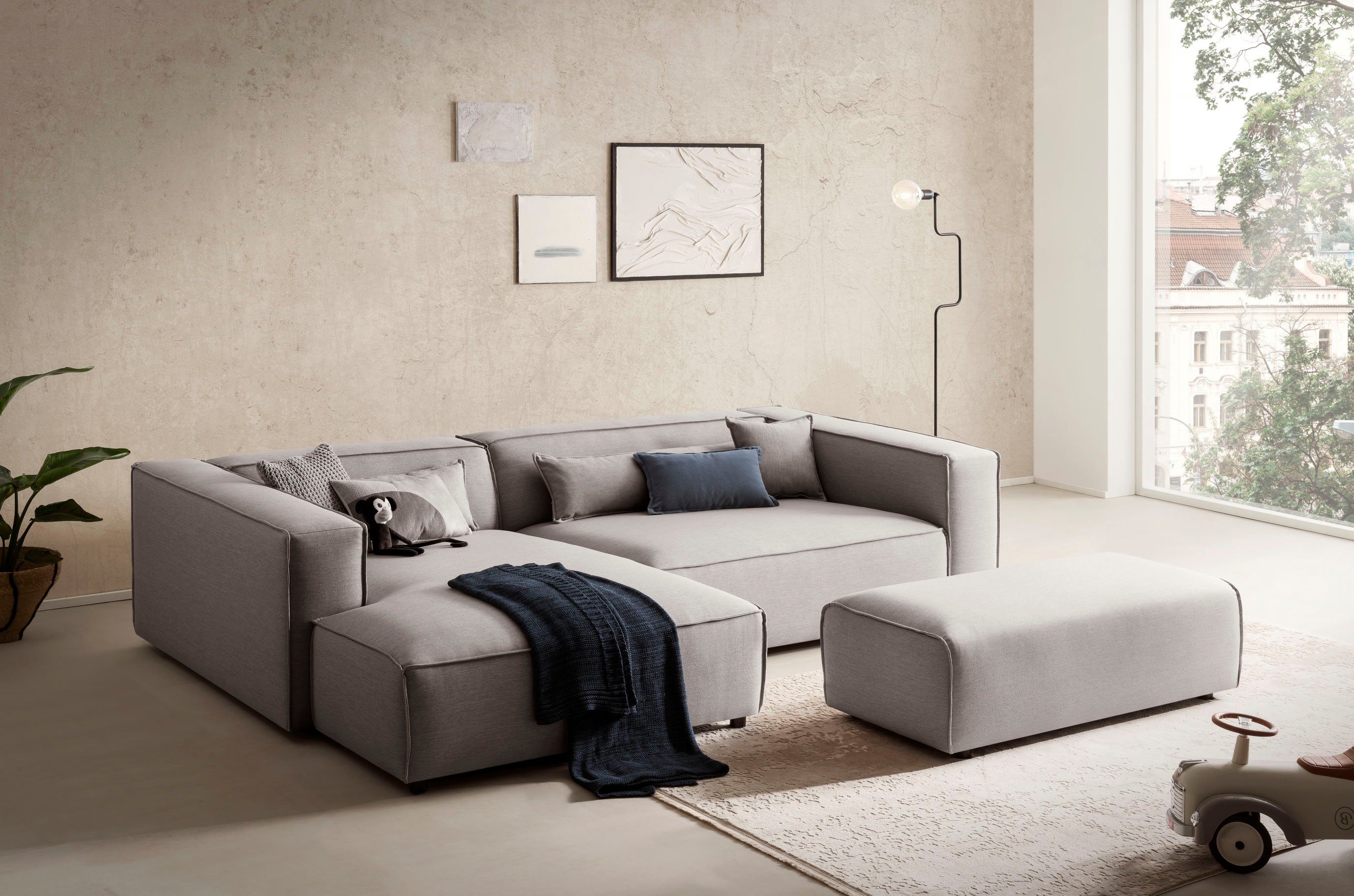 LeGer Home by Lena Gercke Hoekbank PIARA XXL, L-vorm met slaapfunctie, Big-sofa in cord of linnenlook Hocker verstelbaar tot slaapbank (krokodillenverbinder), diepe zitting