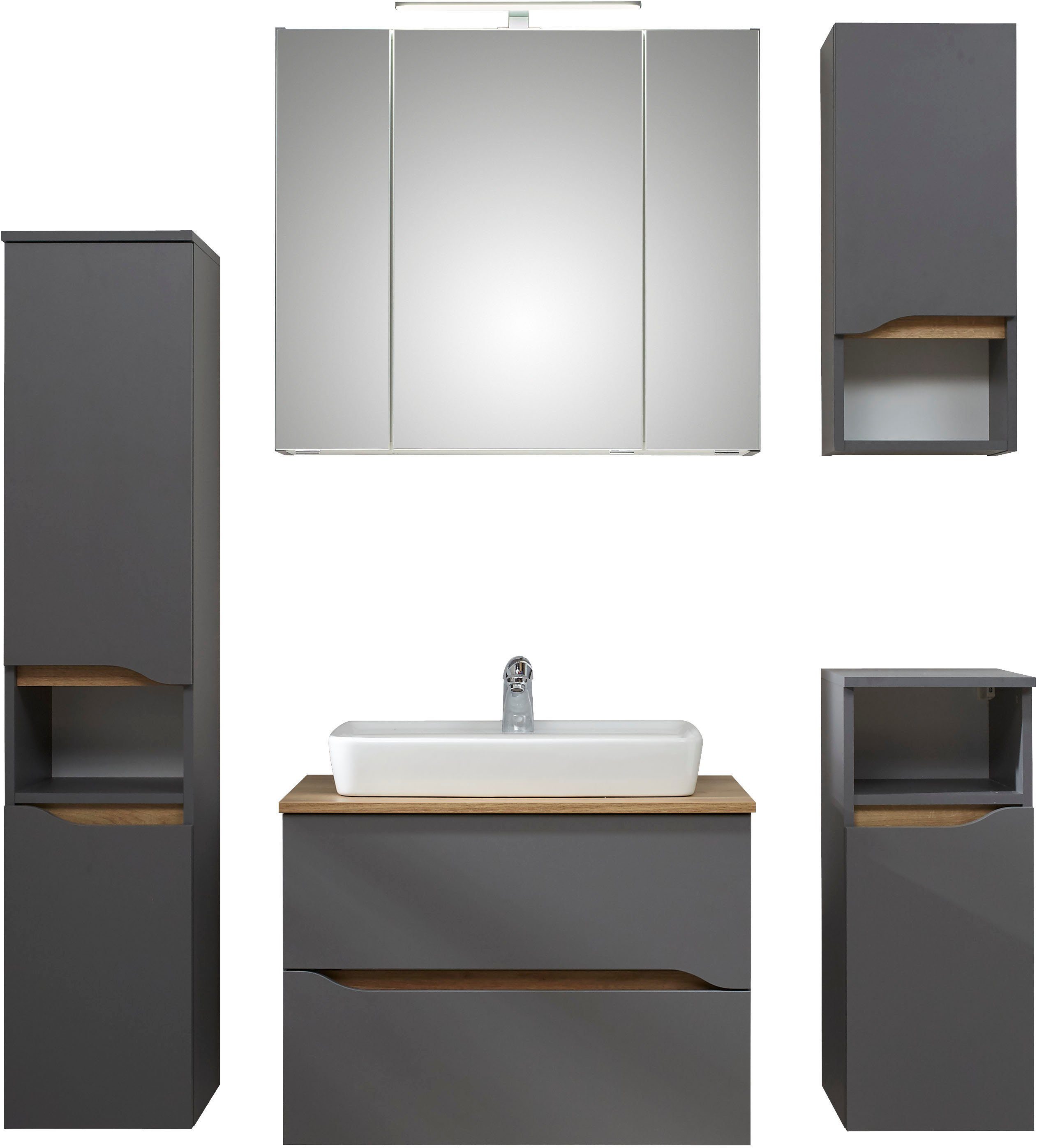 Saphir Badkamerserie Quickset 5-delig, keramische opzetwastafel en LED-spiegelkast Halfhoge kast, onderkast, hangend kastje, inclusief deurdemper, 7
