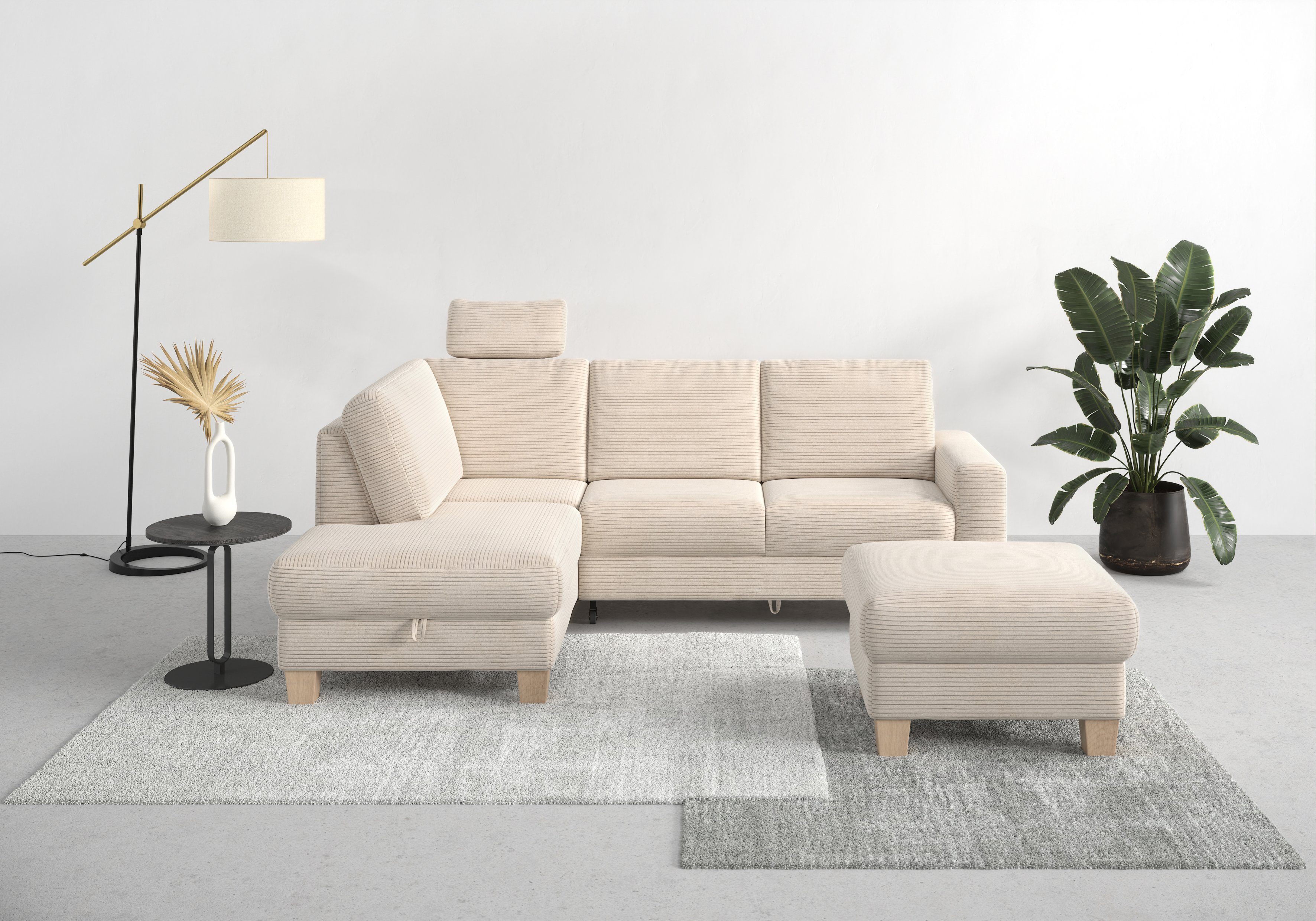 Home affaire Hoekbank Summer L-vorm met ottomane, naar keuze met slaapfunctie en bedkist, cordbekleding wit, hoekbanken, Breedte ligoppervlak: 120 cm,