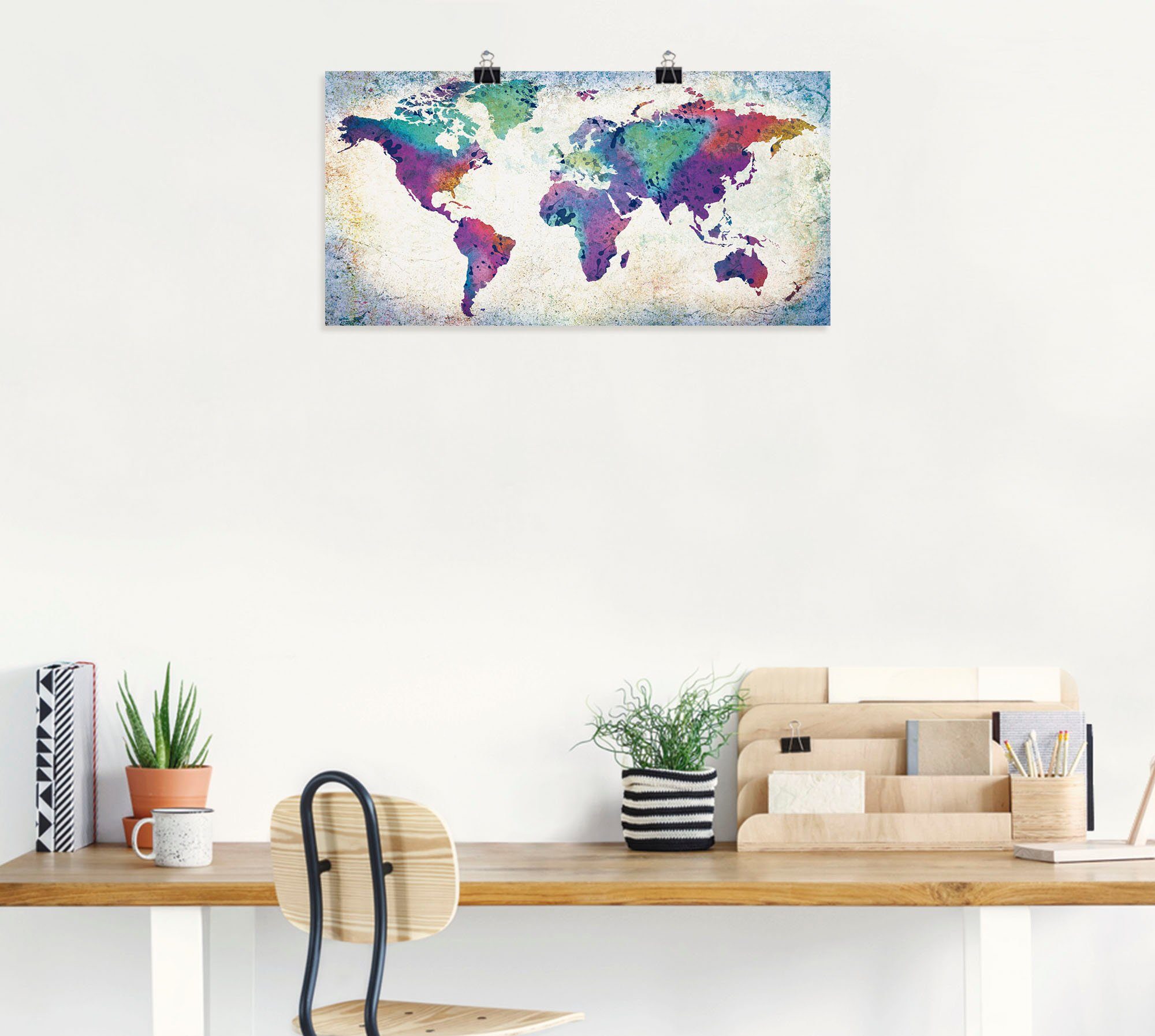 Artland Artprint Veelkleurige wereldkaart als artprint van aluminium, artprint voor buiten, artprint op linnen, poster, muursticker
