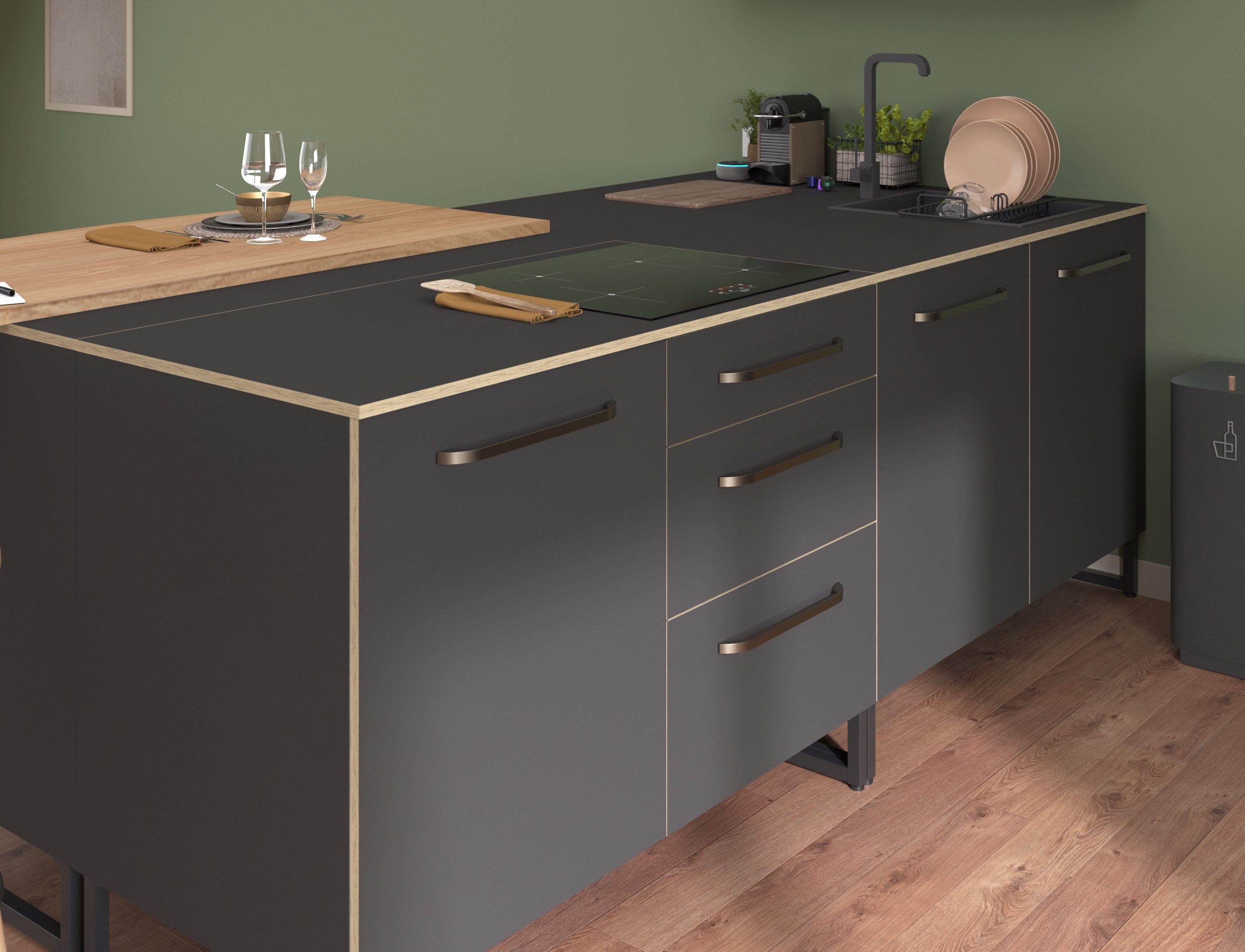 Parisot Kastenset Wave 1, Keuken kast, buffetset, keuken Deuren met softclose functie, werkblad van eiken - gefineerd (set, 9 stuks)