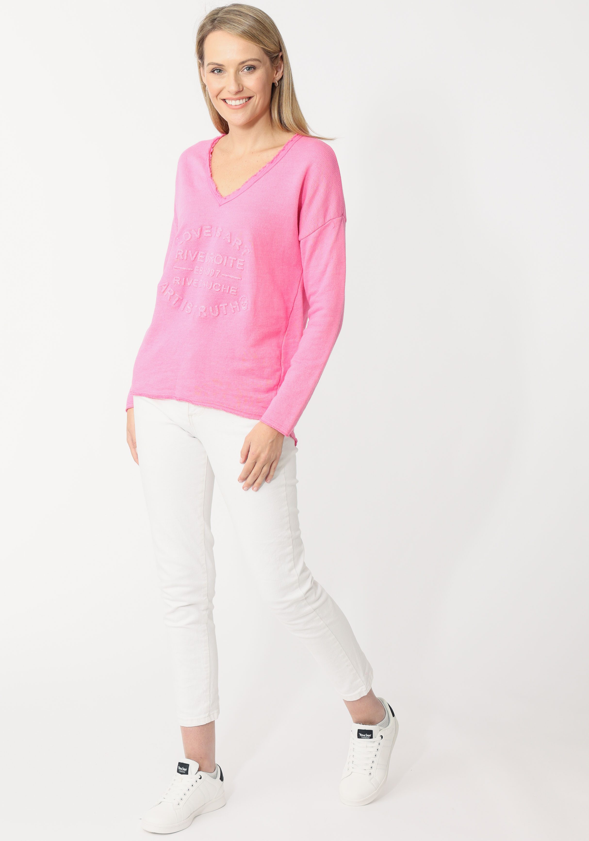 Zwillingsherz Sweatshirt met rafelige v-halslijn in vintage-look