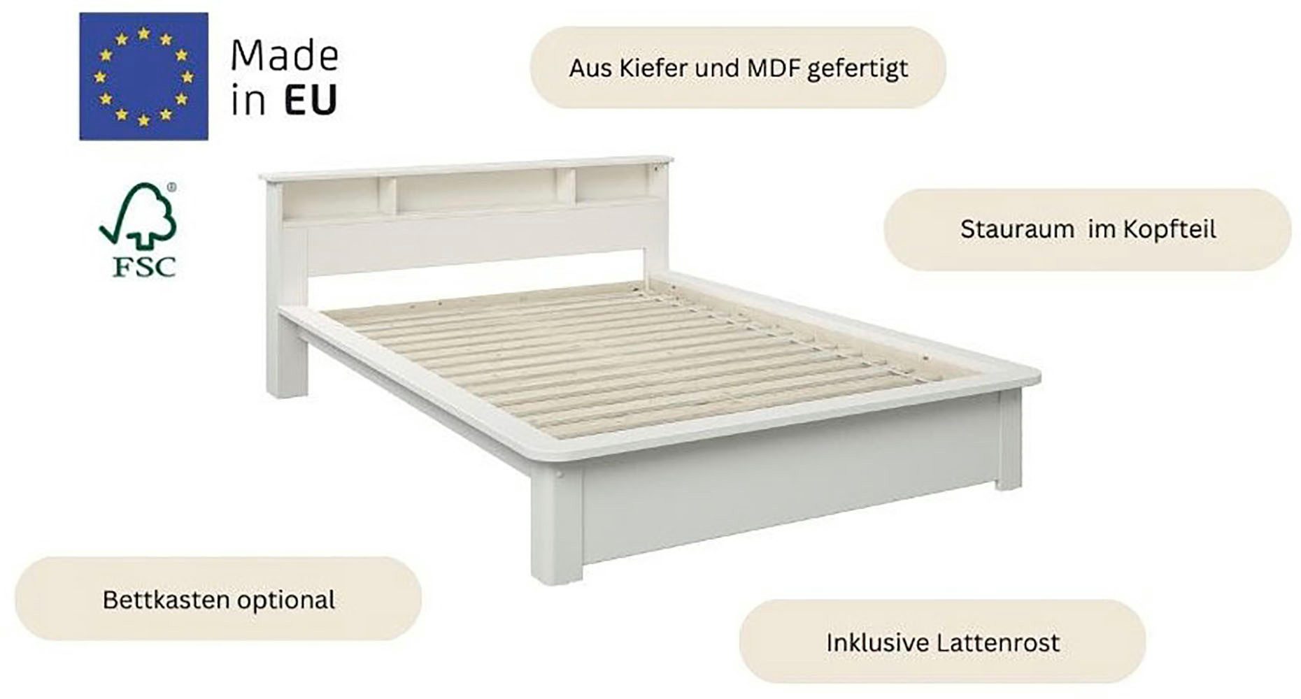 Home affaire Massief houten ledikant "KERO" BESTSELLER! Opbergruimte in het hoofdeinde gecertificeerd massief hout (grenen), optioneel met lade