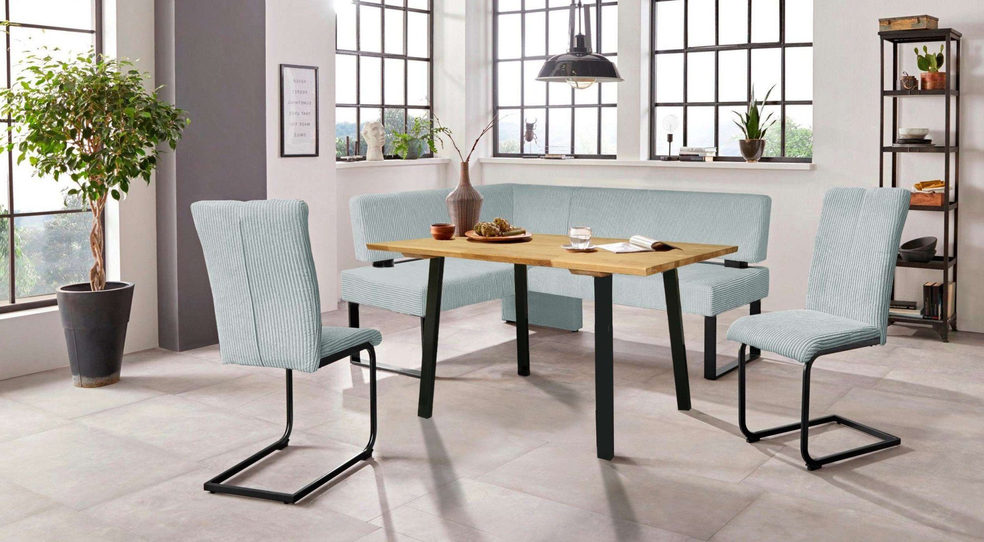 Home affaire Eethoek Oliver Hoekbank met golfvering in de zitting, tafel massief eiken (set, 4-delig) eethoeken blauw
