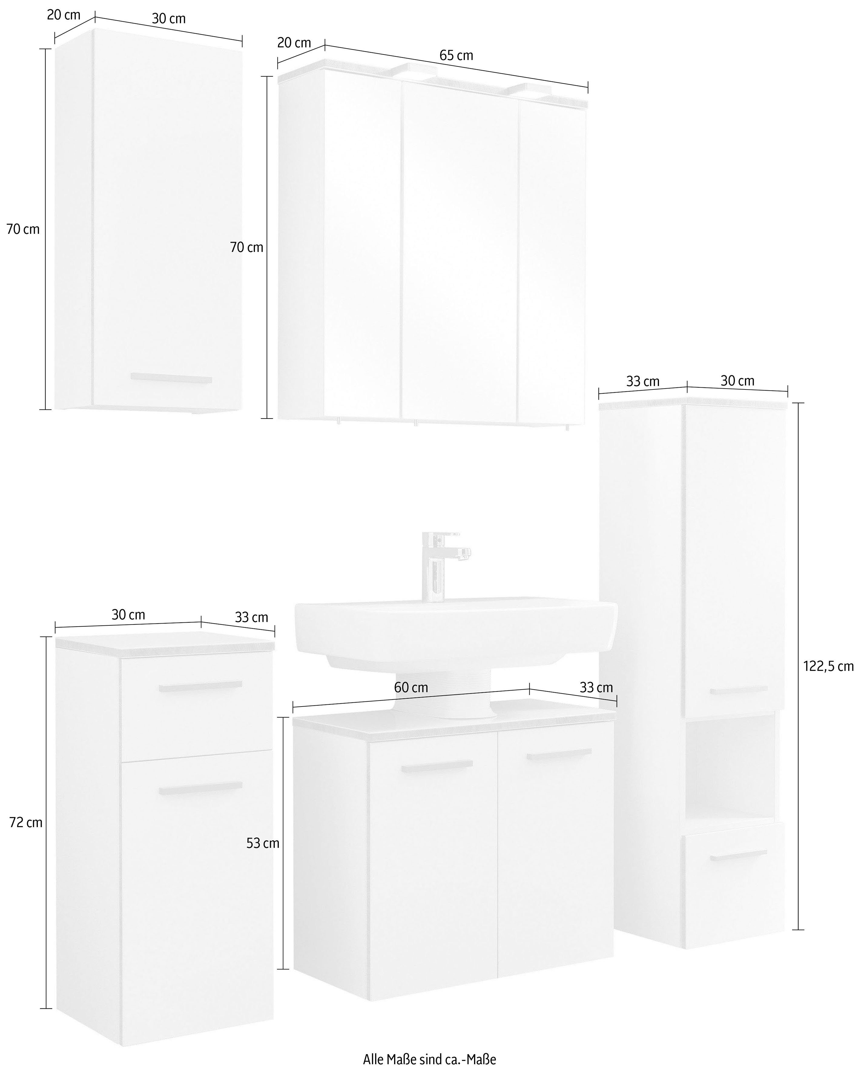 Saphir Badkamerserie Quickset 931 5-delig, wastafelonderkast met LED-spiegelkast Middel kast, onderkast, hangkast, incl. deurdemper, wit glanzend (set, 5-delig)