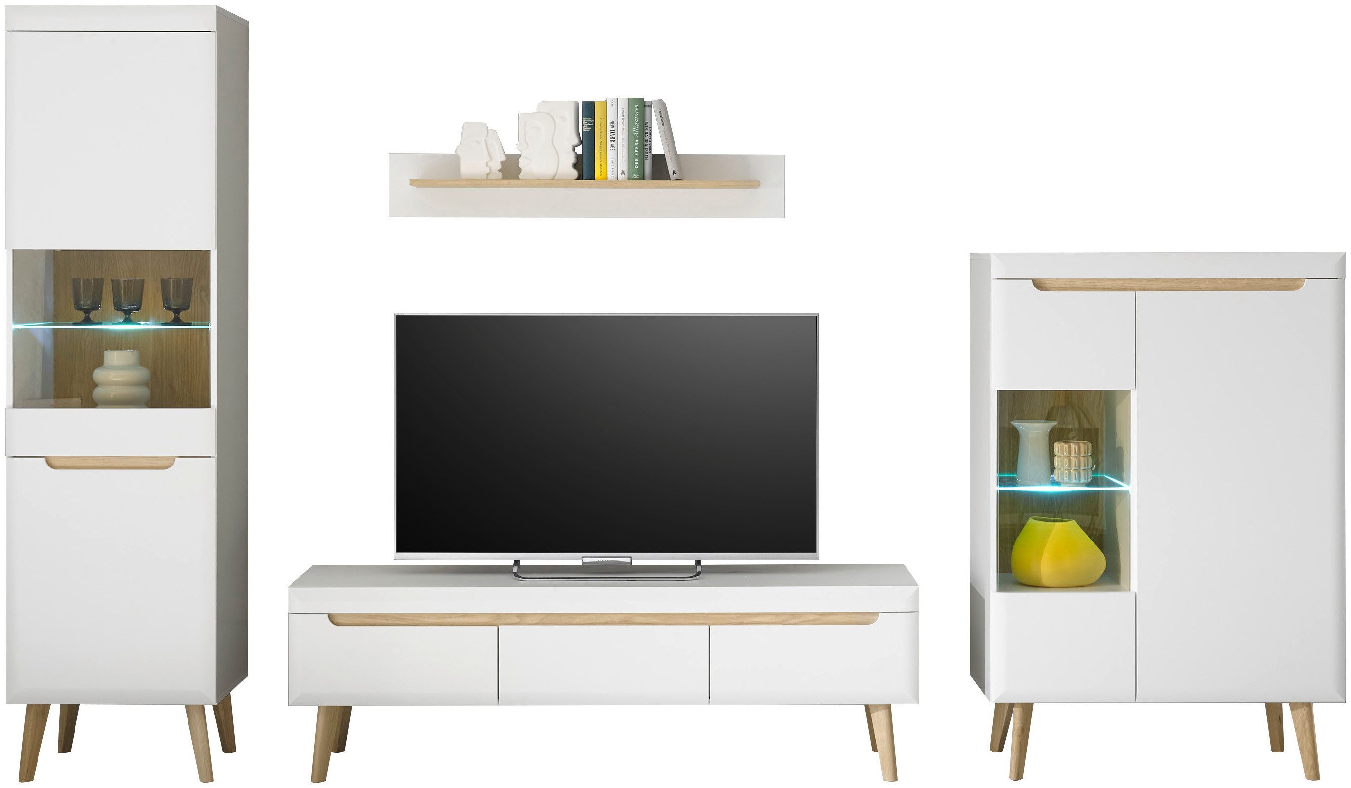 INOSIGN Wandmeubel Torge, wandmeubel, kastwand, mediawand, woonkamer-set bevat 2 vitrines, 1 lowboard, 1 wandplank, 343 cm breed (set, 4 stuks)