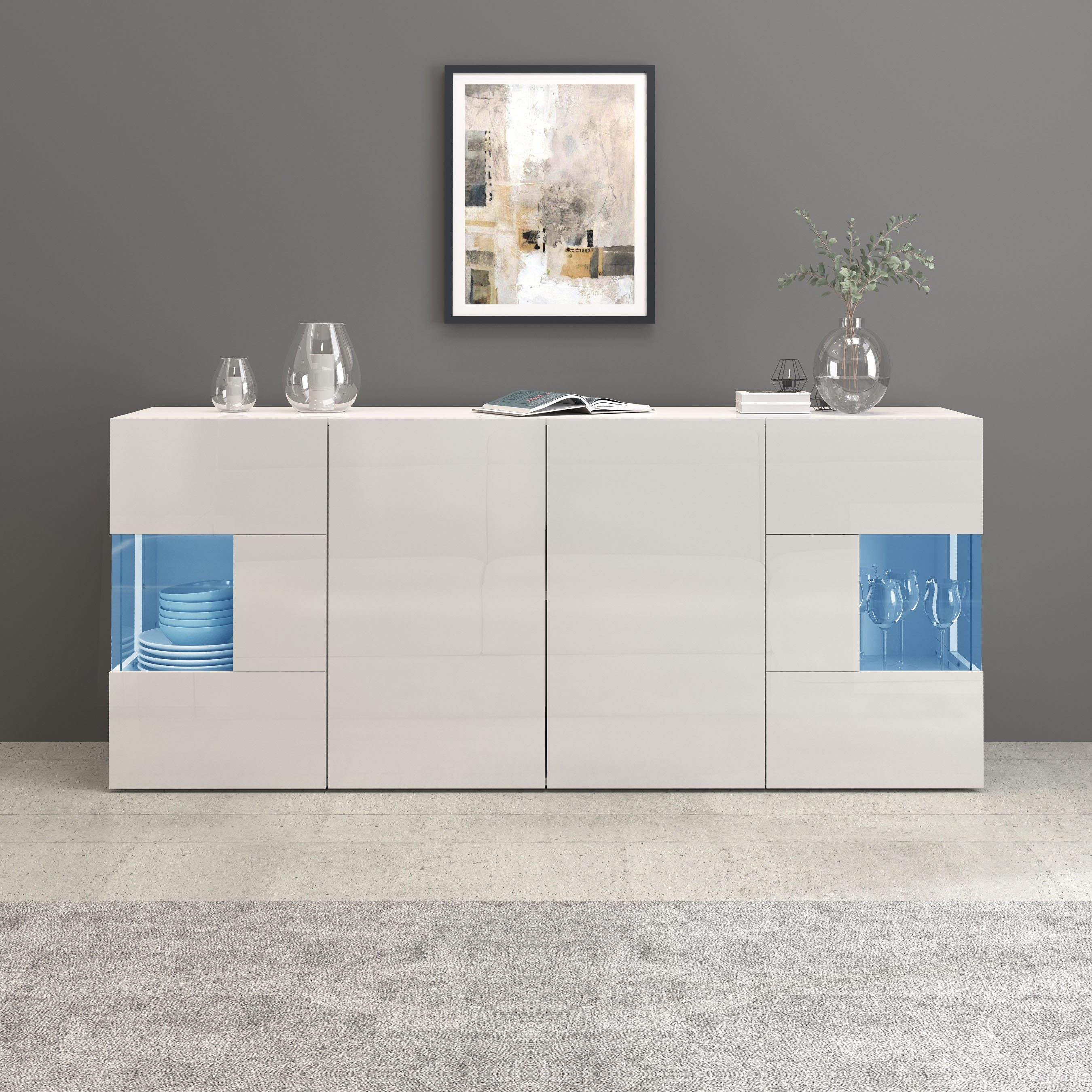 INOSIGN Dressoir Egypte, Ladekast, Kast, Buffet, Vitrine greeploos 4 deuren waarvan 2 met glas inzet, compleet hoogglans gelakt, breedte 180