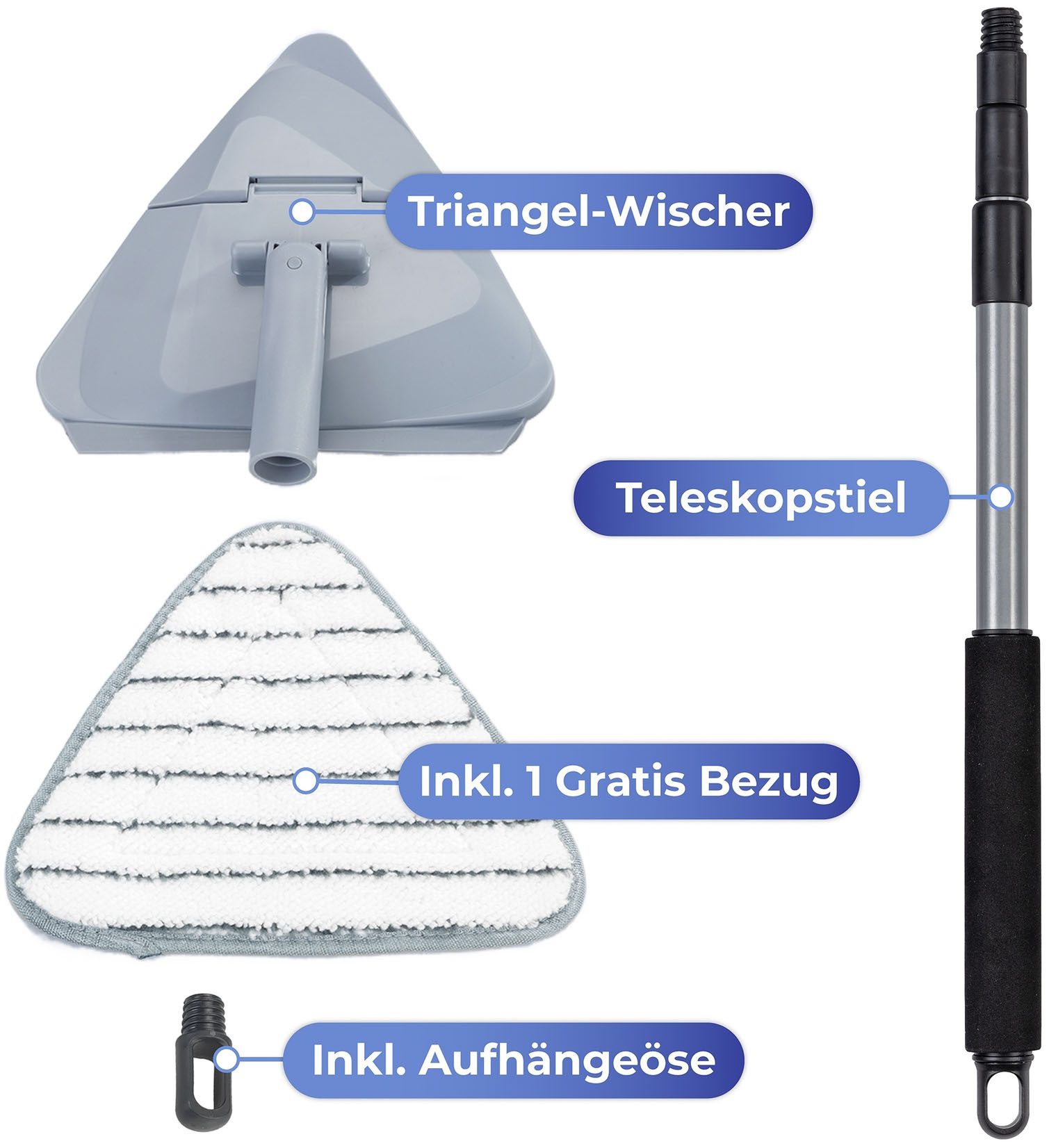 Maximex Vloerwisserset Driehoek-wisser met telescopische steel 360° duo-knikgewricht, microvezel bekleding, reinigt alleen met water (set, 5-delig)