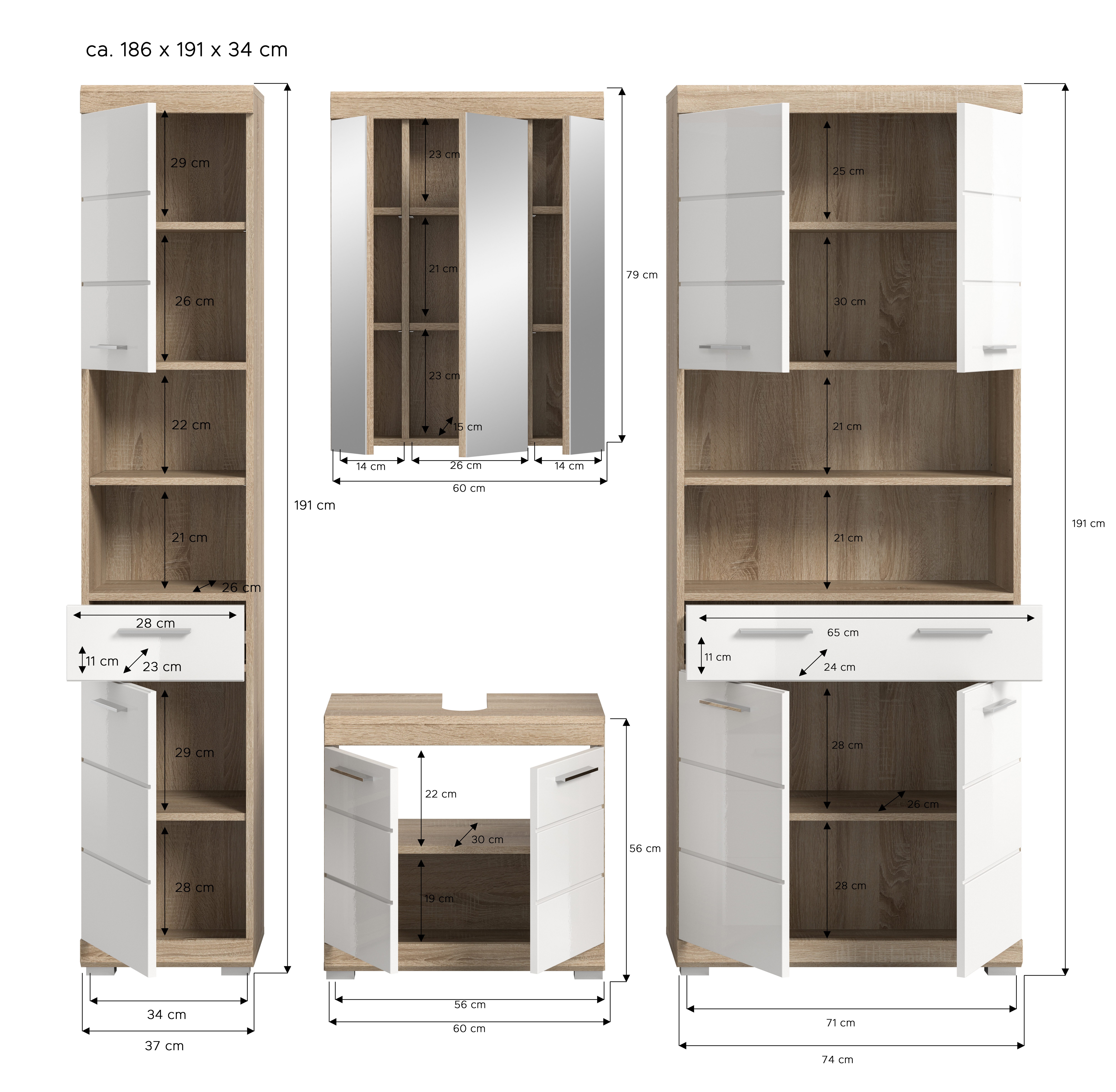 INOSIGN Badkamerserie Siena, 4-delig, bestaande uit: Smalle hoge kast, WBU, spiegelkast, brede hoge kast (set, 4-delig)