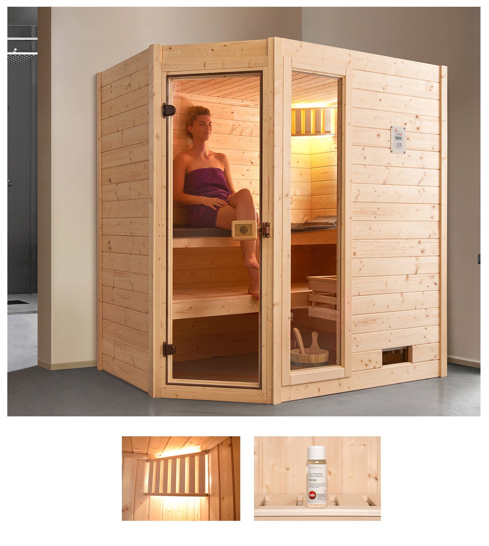 weka Sauna Valida hoek 1 5,4 kw kachel met interne bediening, met raam sauna's beige