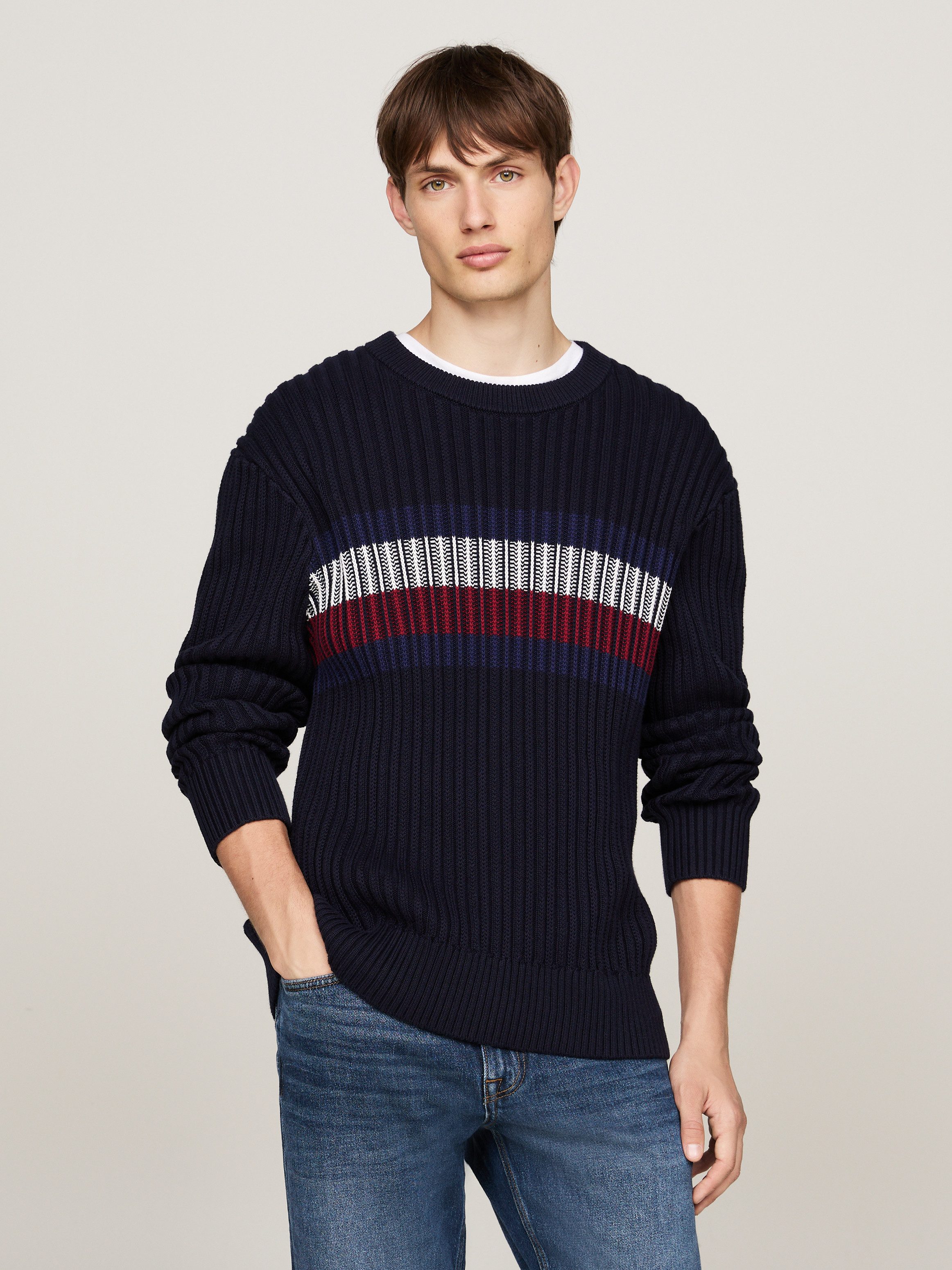 Tommy Hilfiger Trui met ronde hals GLOBAL STRIPE CHUNKY RIB C NK met opvallend color block-ontwerp