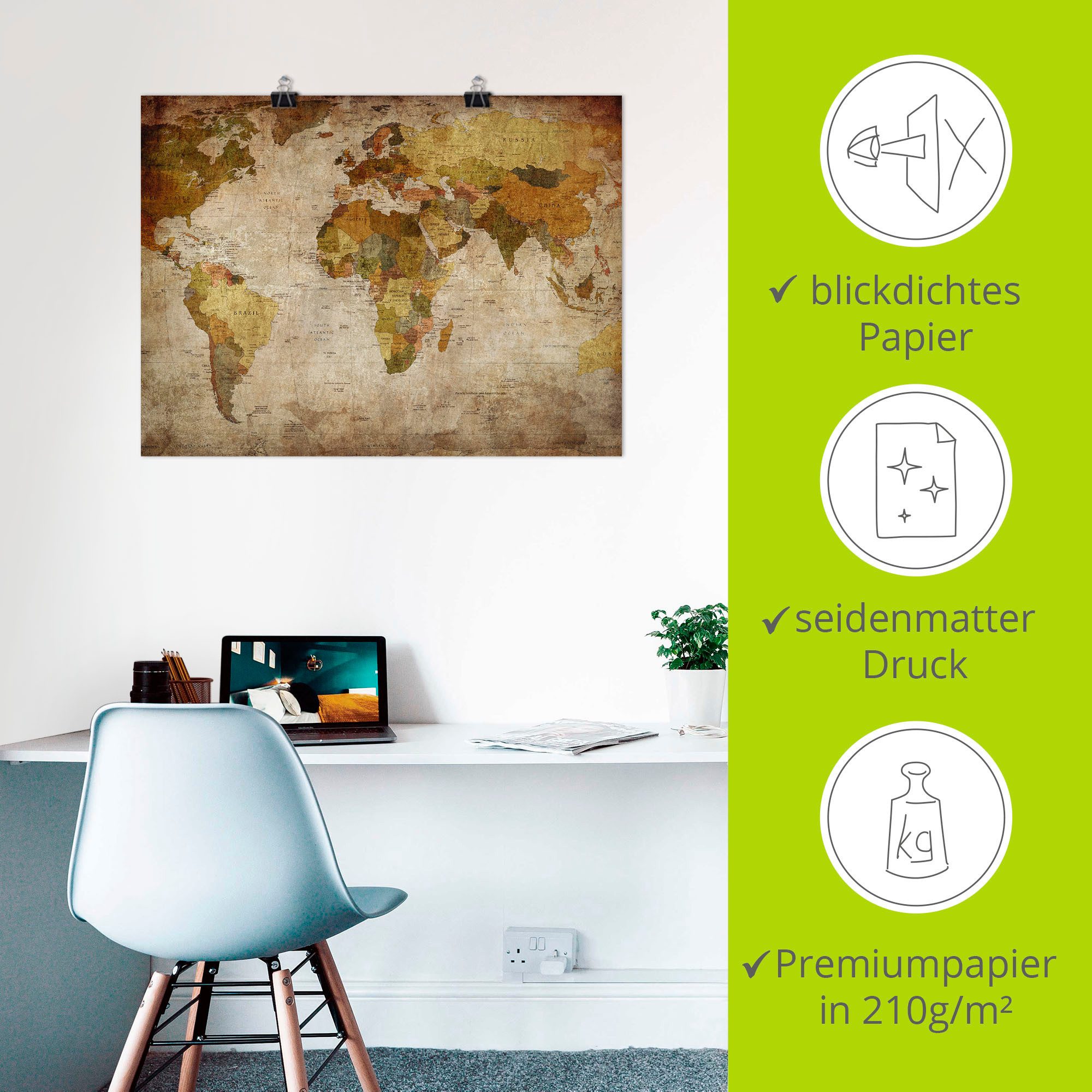 Artland Artprint Wereldkaart als artprint van aluminium, artprint voor buiten, artprint op linnen, poster, muursticker