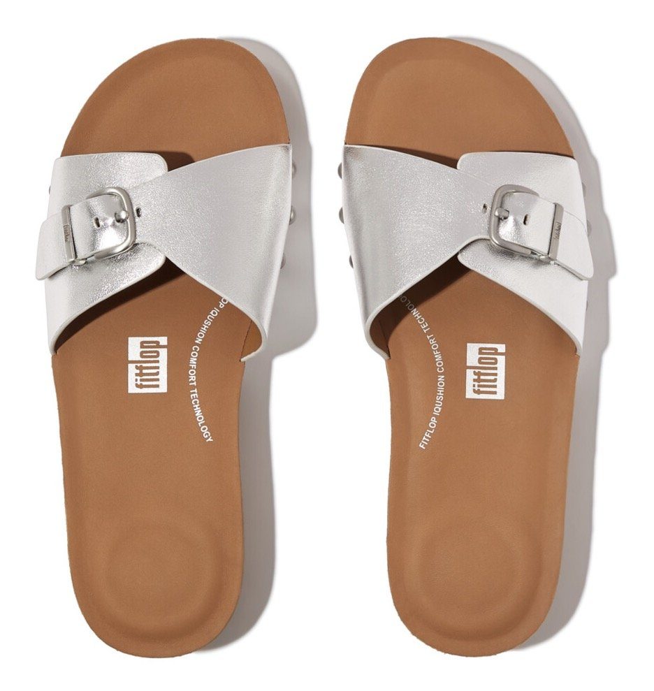 Fitflop Slippers IQUSHION ADJUSTABLE BUCKLE METALLIC-LEATHER SLIDES sleehak, zomerschoen, slippers met verstelbare bandage