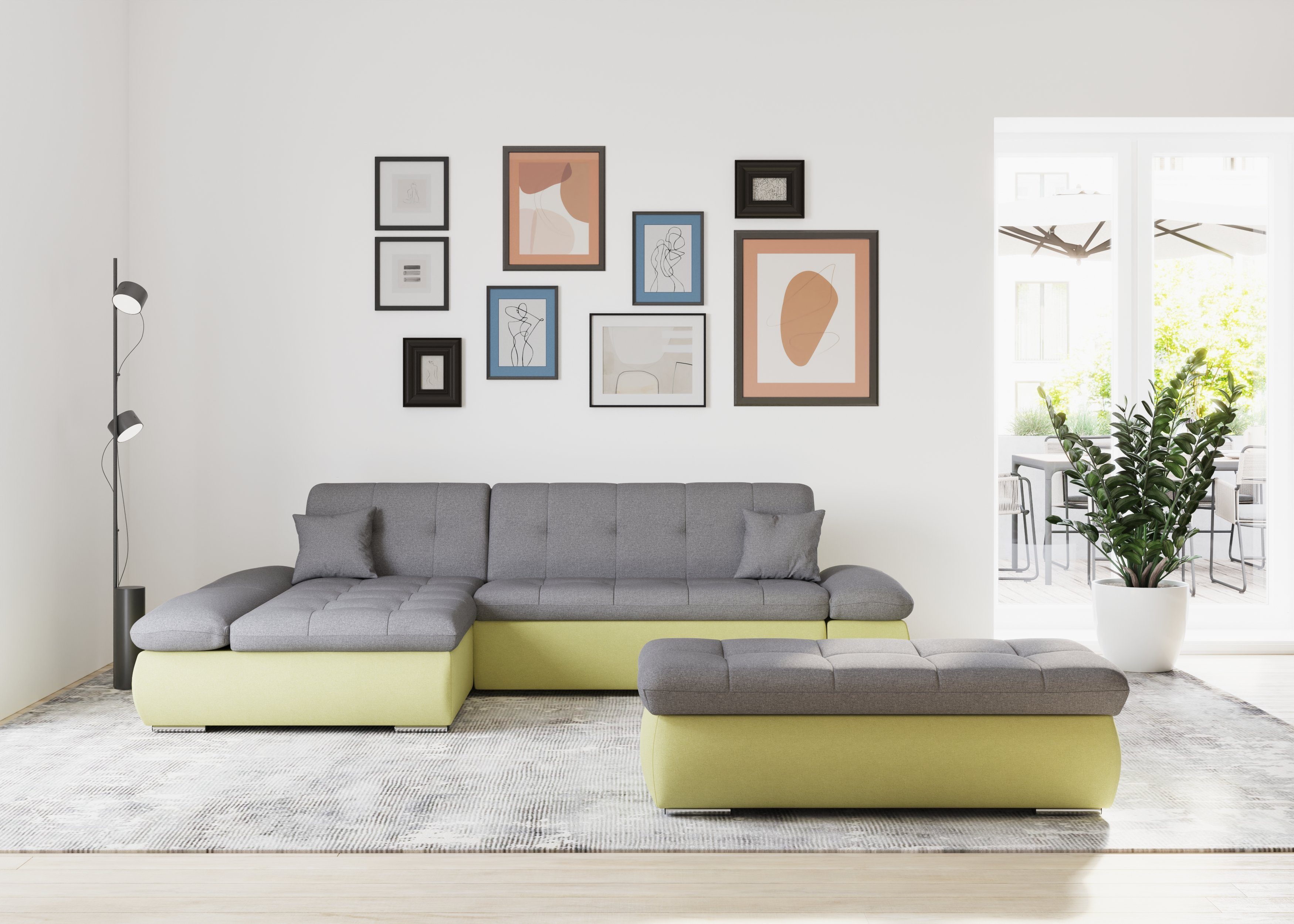 DOMO collection Hoekbank Moric, L-vorm, XXL-bank - Breedte 300cm keuze met bedfunctie en armleuningverstelling, donkergroen