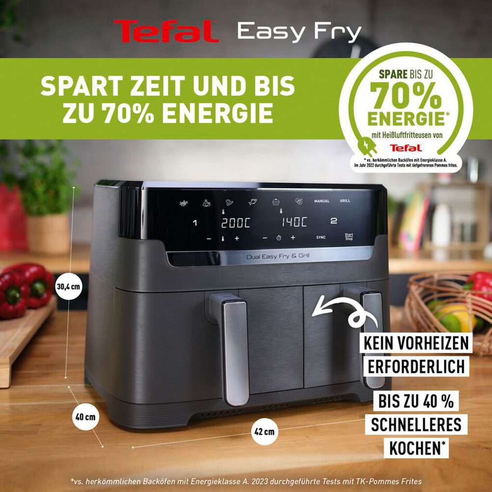 Tefal Airfryer EY905B Dual Easy Fry & Grill Dubbele kamer, 8,3 L capaciteit, met hamburgerpers
