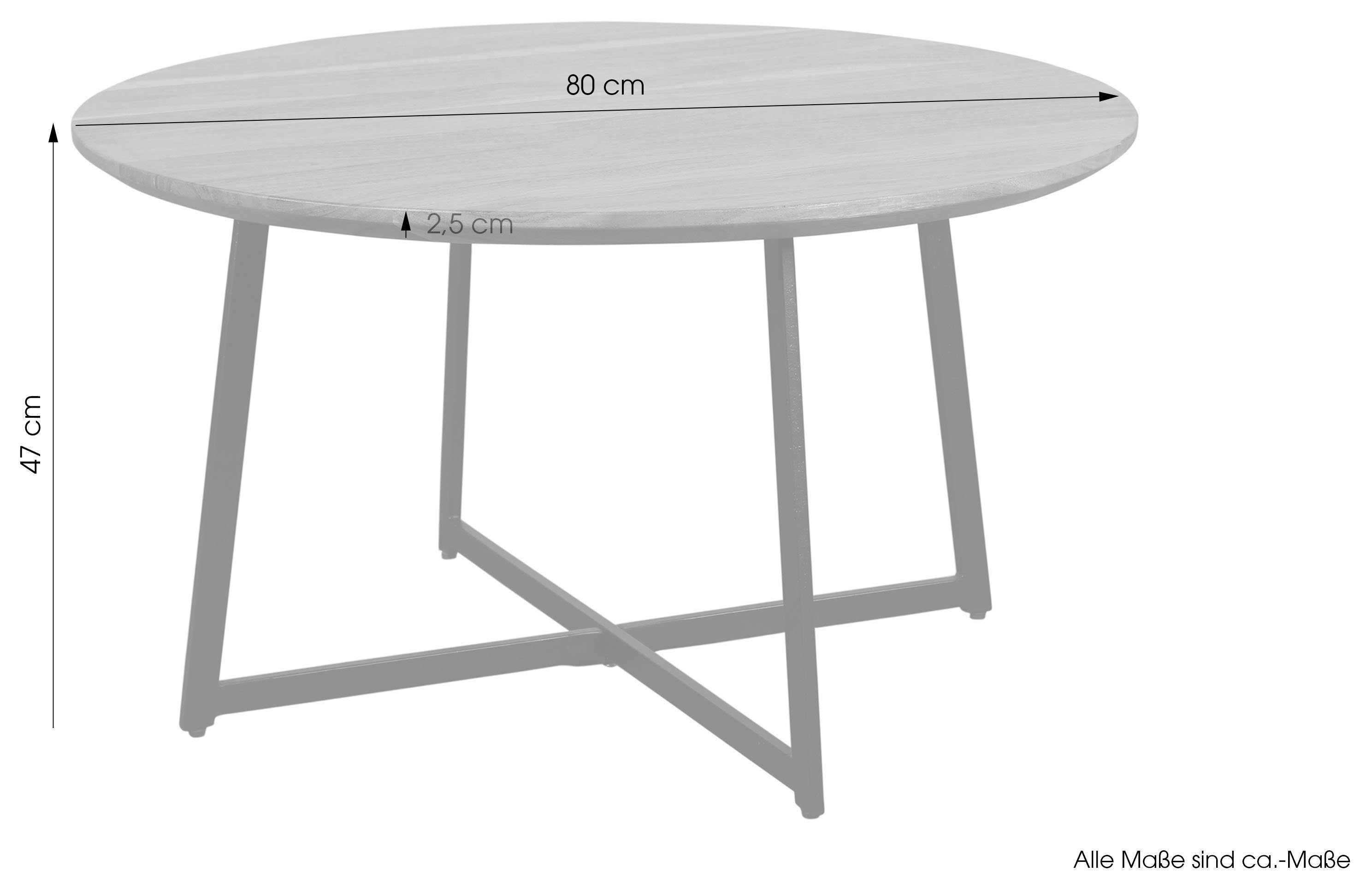 byLIVING Salontafel Alina met massief acaciahout - plaat en zwarte metalen frame, rond 80 cm.