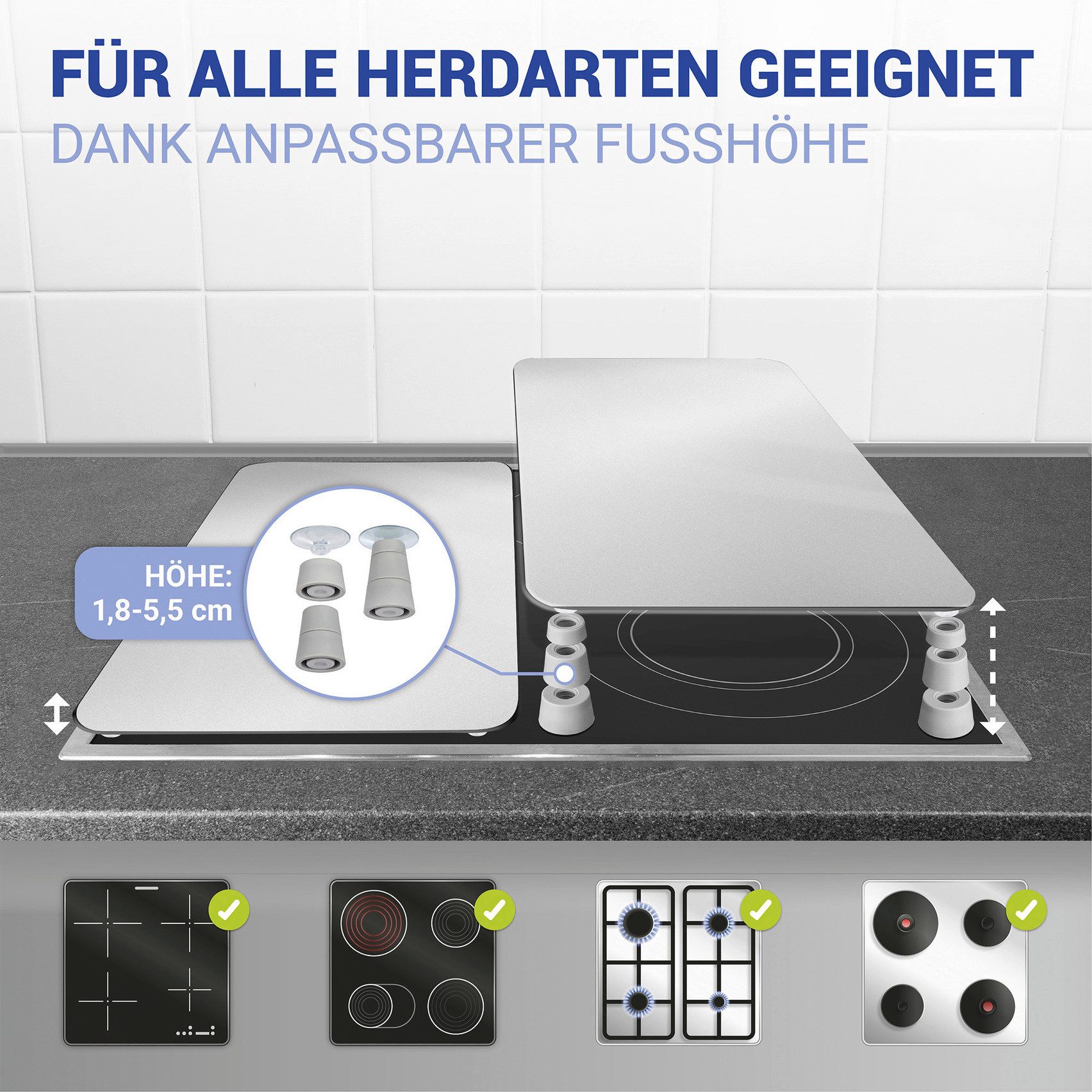 WENKO Kookplaatdeksel Universal Model Silber Kookplaatafdekking voor alle soorten kookplaten, krasvast, met antislipvoetjes (set, 2-delig)