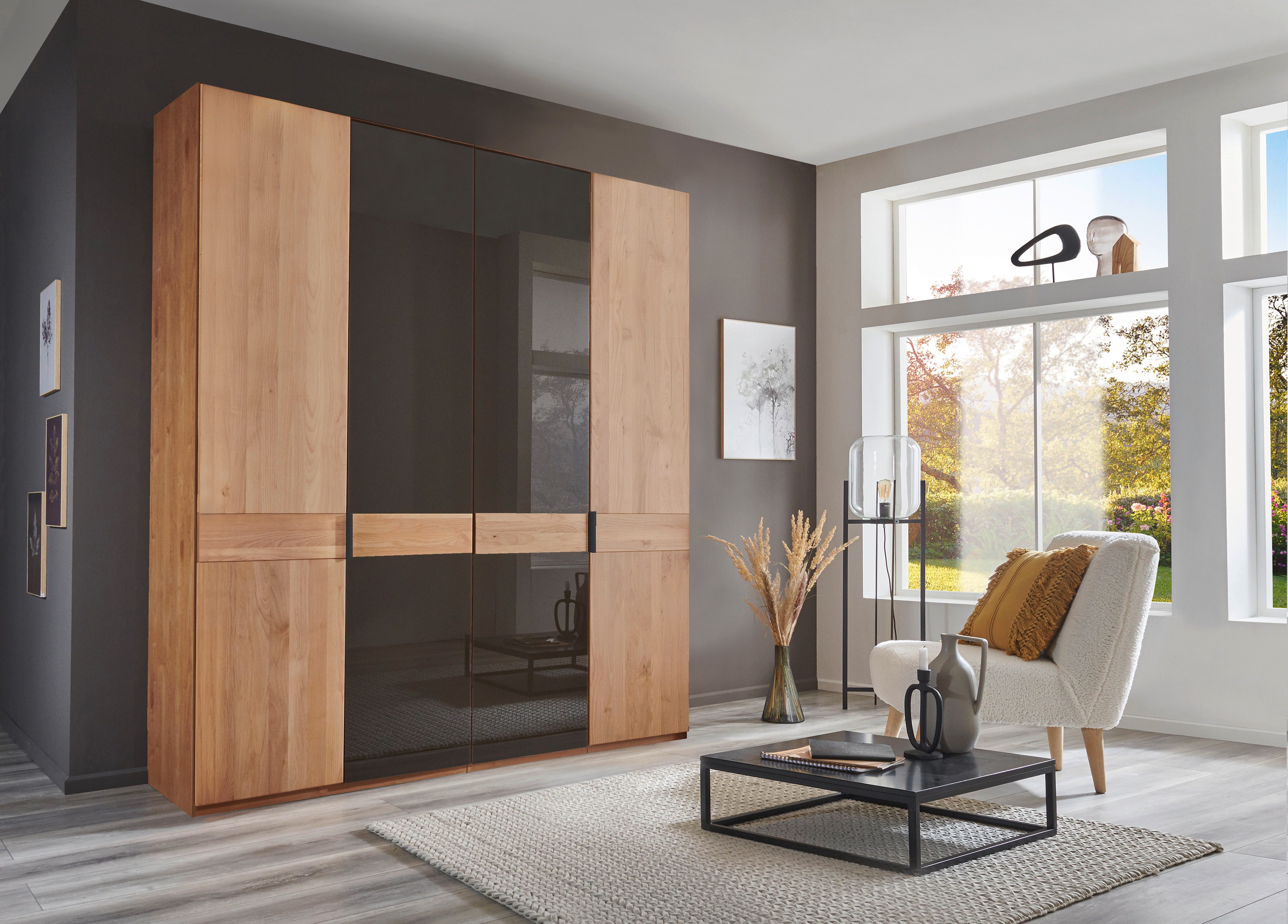 WIEMANN Draaideurkast Cardiff, massief houten deuren in combinatie met glazen of spiegeldeuren kledingkasten maat 197,3 cm x 216 cm x 58 cm bruin