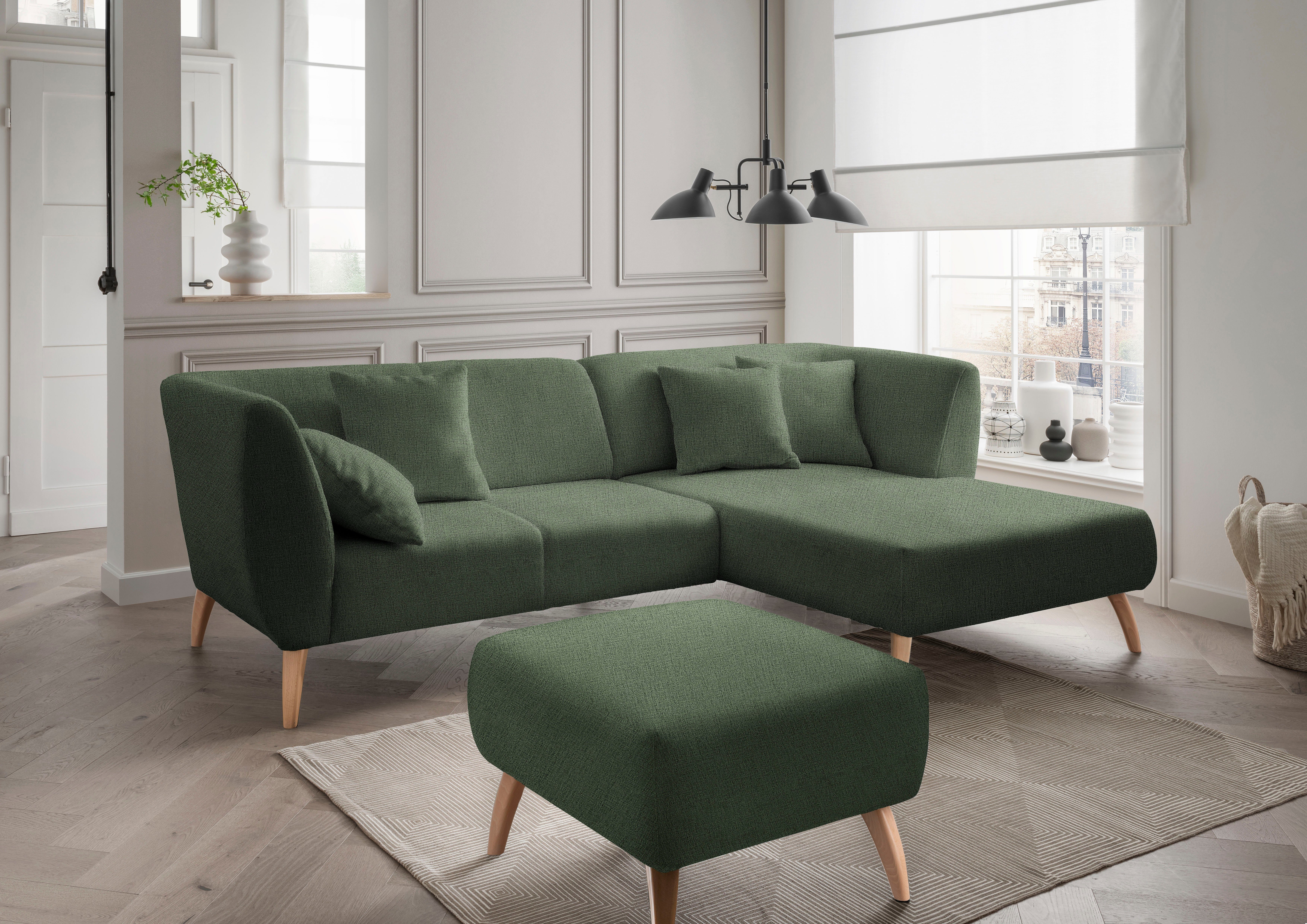 INOSIGN Hoekbank Colori L-vorm Houtkleur voetkeuze, inclusief 4x sierkussens groen, hoekbanken, Kleur van de poten naturel-recamiere rechts, Fußfarbe