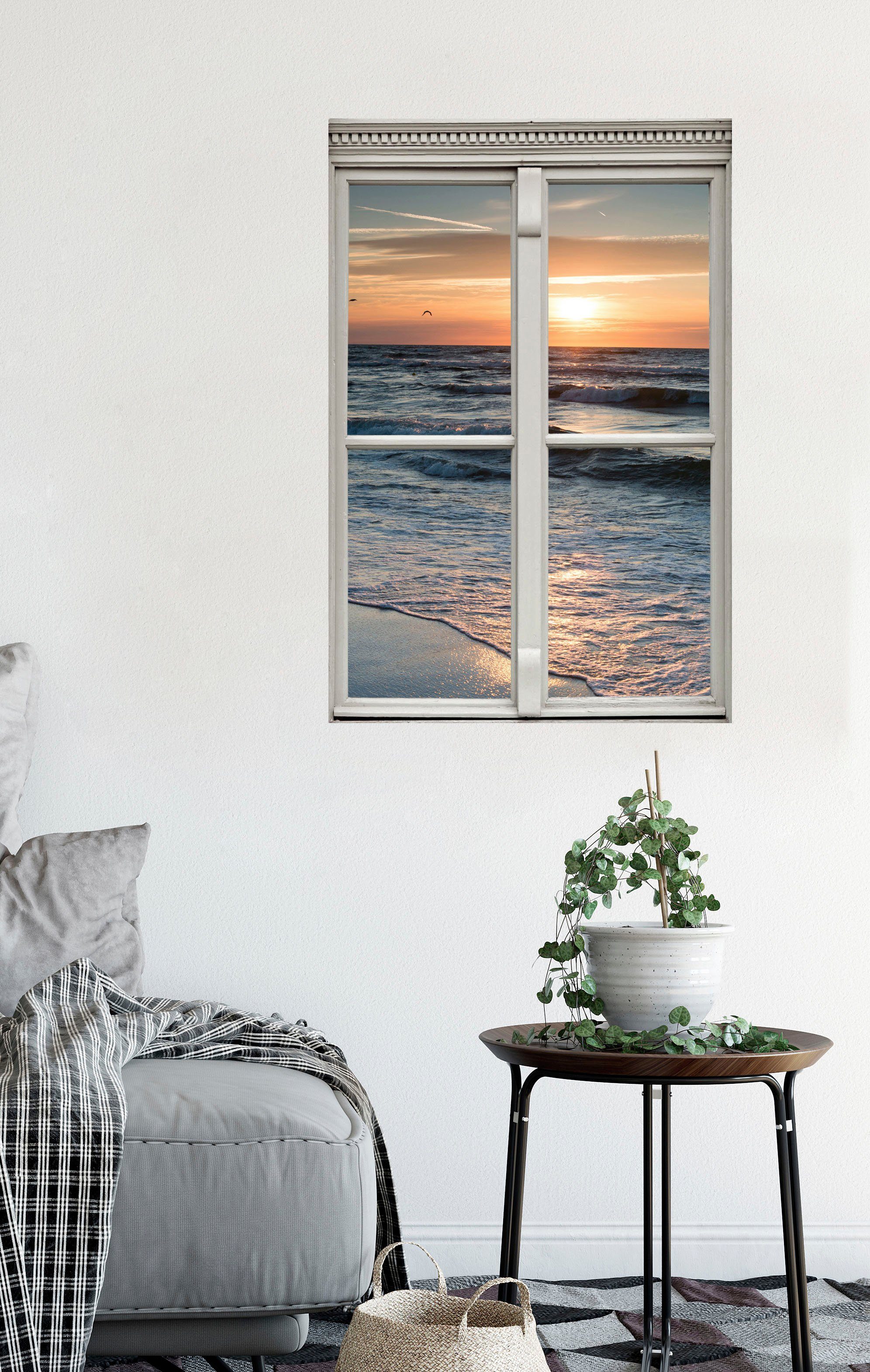 queence Wandfolie Zonsondergang Muursticker, muurdecoratie, zelfklevend, 3D, raam