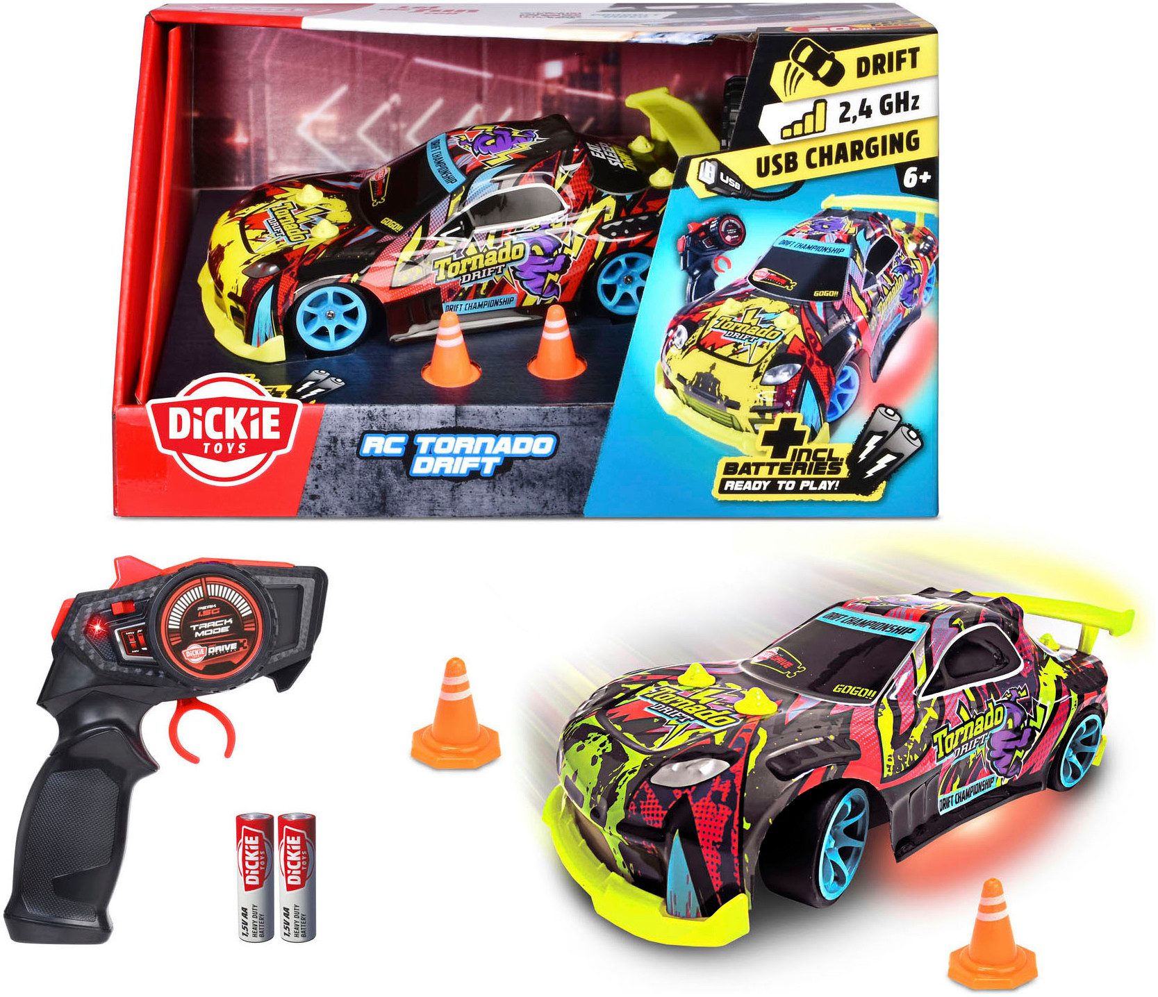 Dickie Toys Radiografisch bestuurbare auto RC Tornado Drift, 2,4 GHz met verlichting en vierwielaandrijving