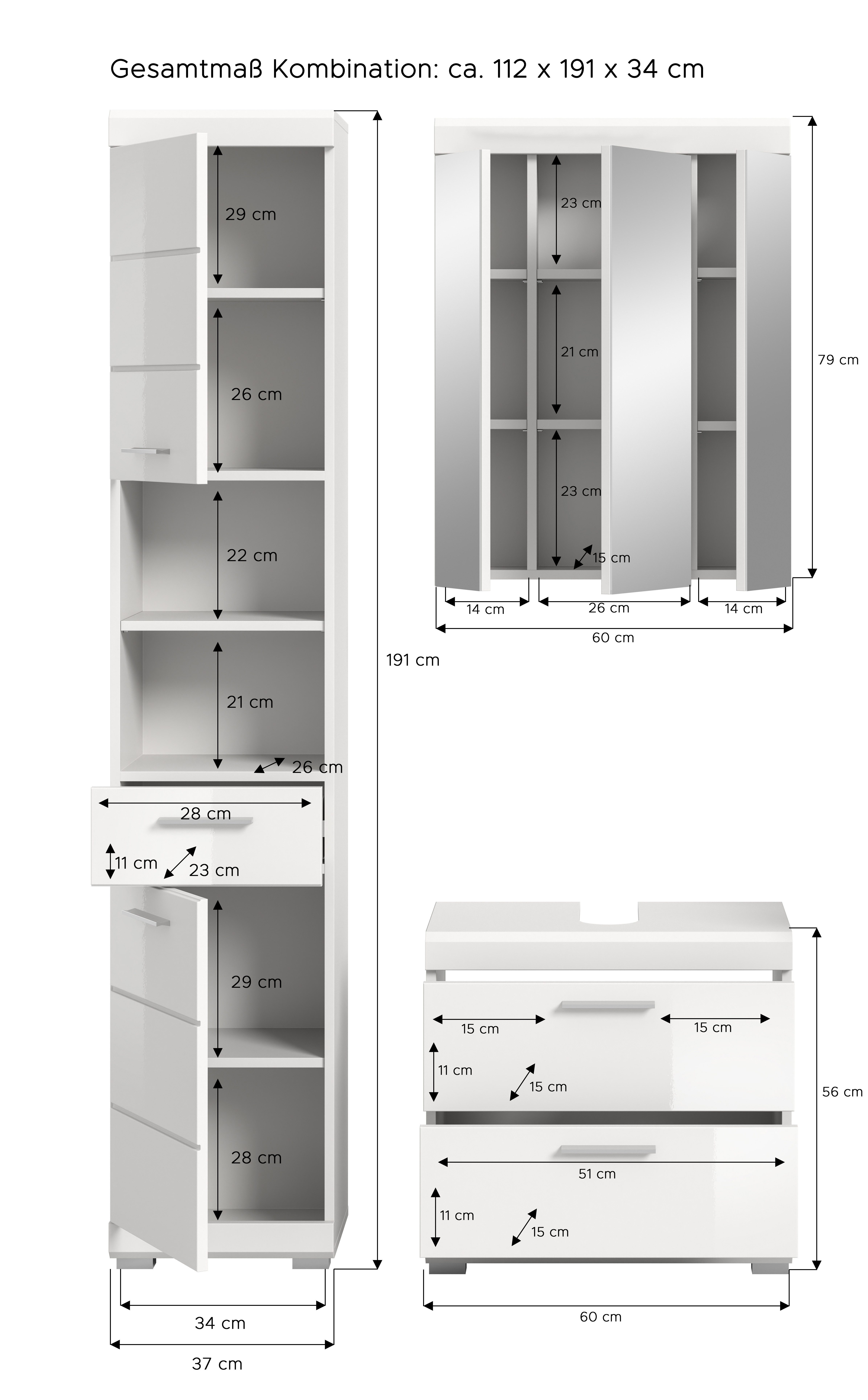 INOSIGN Badkamerserie Siena, 3-delig, bestaande uit: Hoge kast, wastafelonderkast, spiegelkast (set, 3-delig)