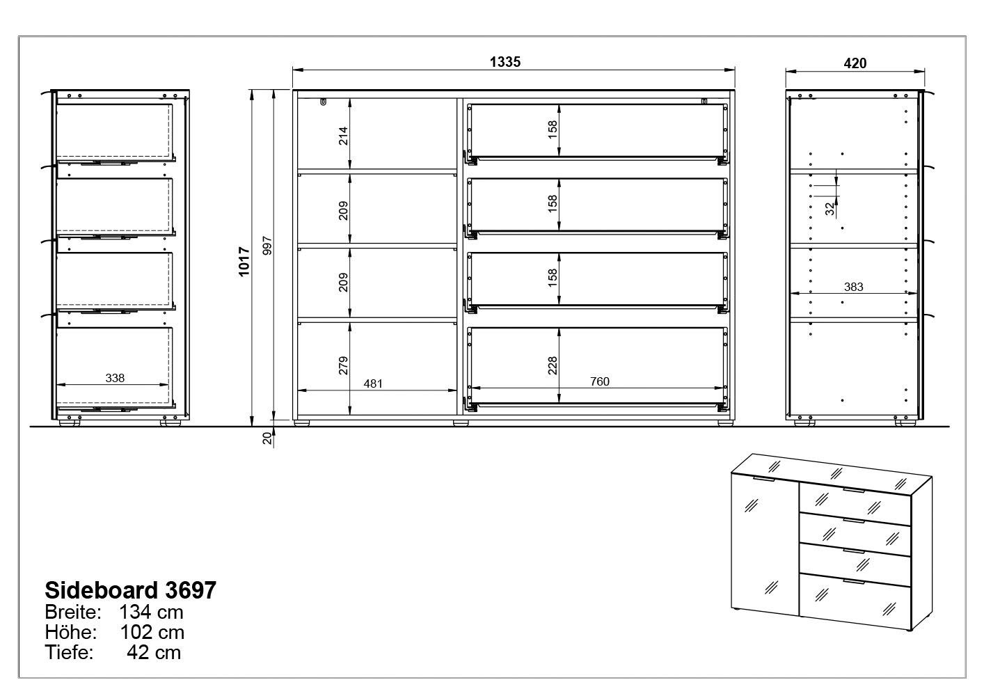 GERMANIA Dressoir OAKLAND in 2 breedten, fronten en bovenblad met glas-inlay