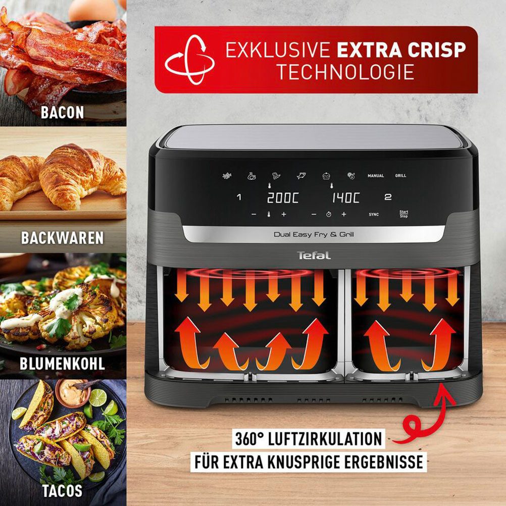 Tefal Airfryer EY905B Dual Easy Fry & Grill Dubbele kamer, 8,3 L capaciteit, met hamburgerpers