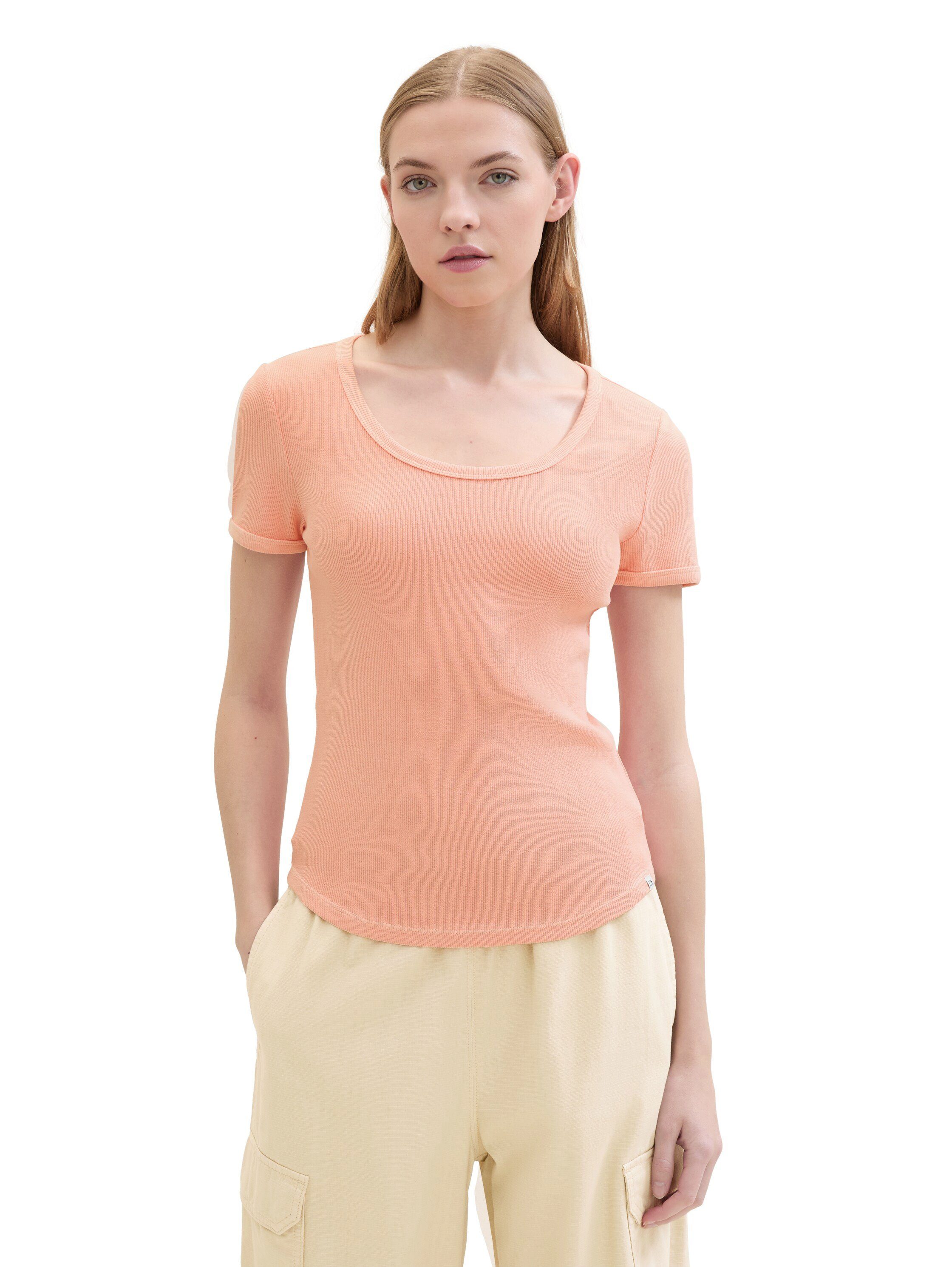 Tom Tailor Denim T-shirt met rib-look en diepe ronde halslijn
