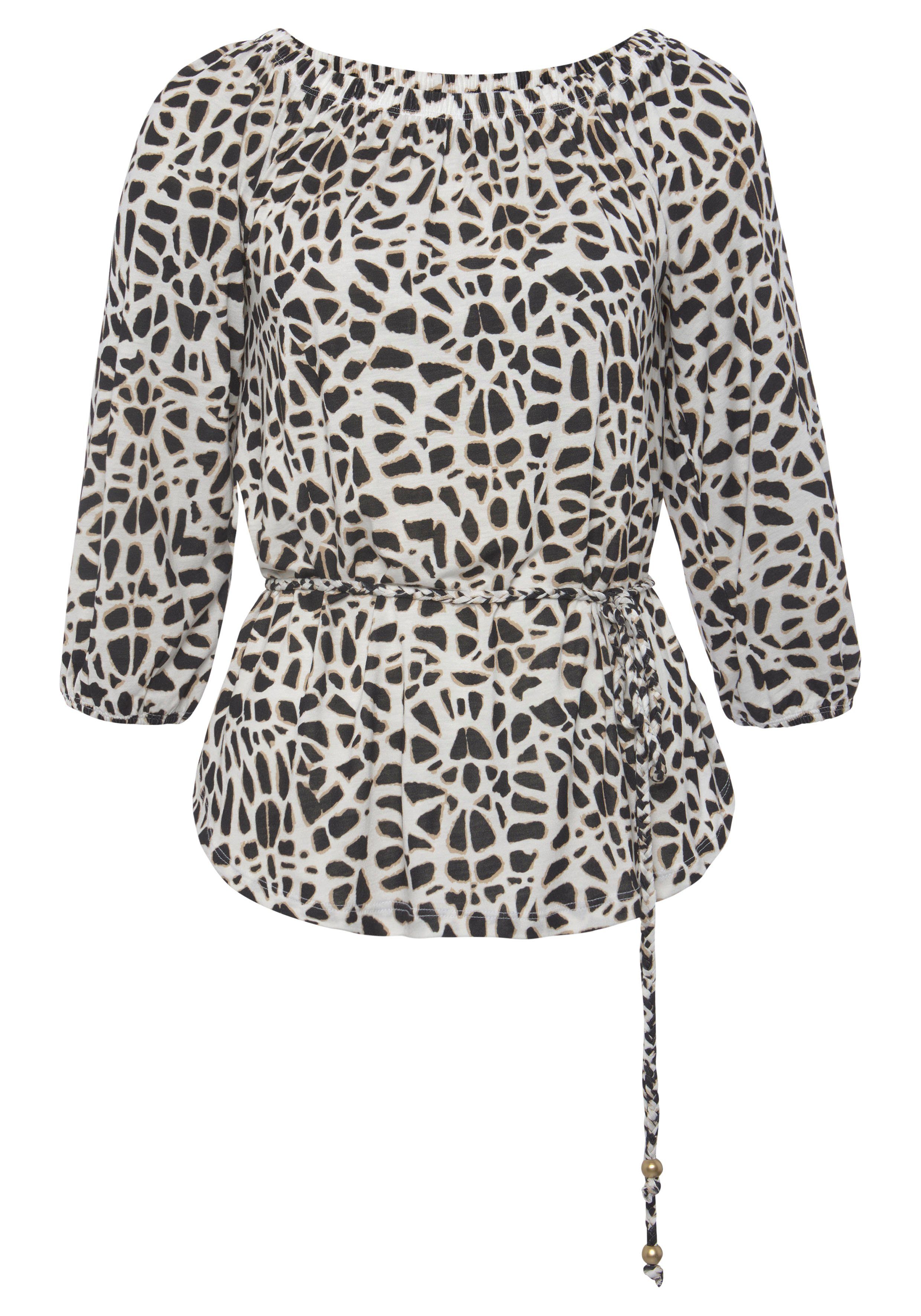 Lascana Shirt met carmenhals met animal print en strikceintuur, overhemdblouse, 3/4 mouwen