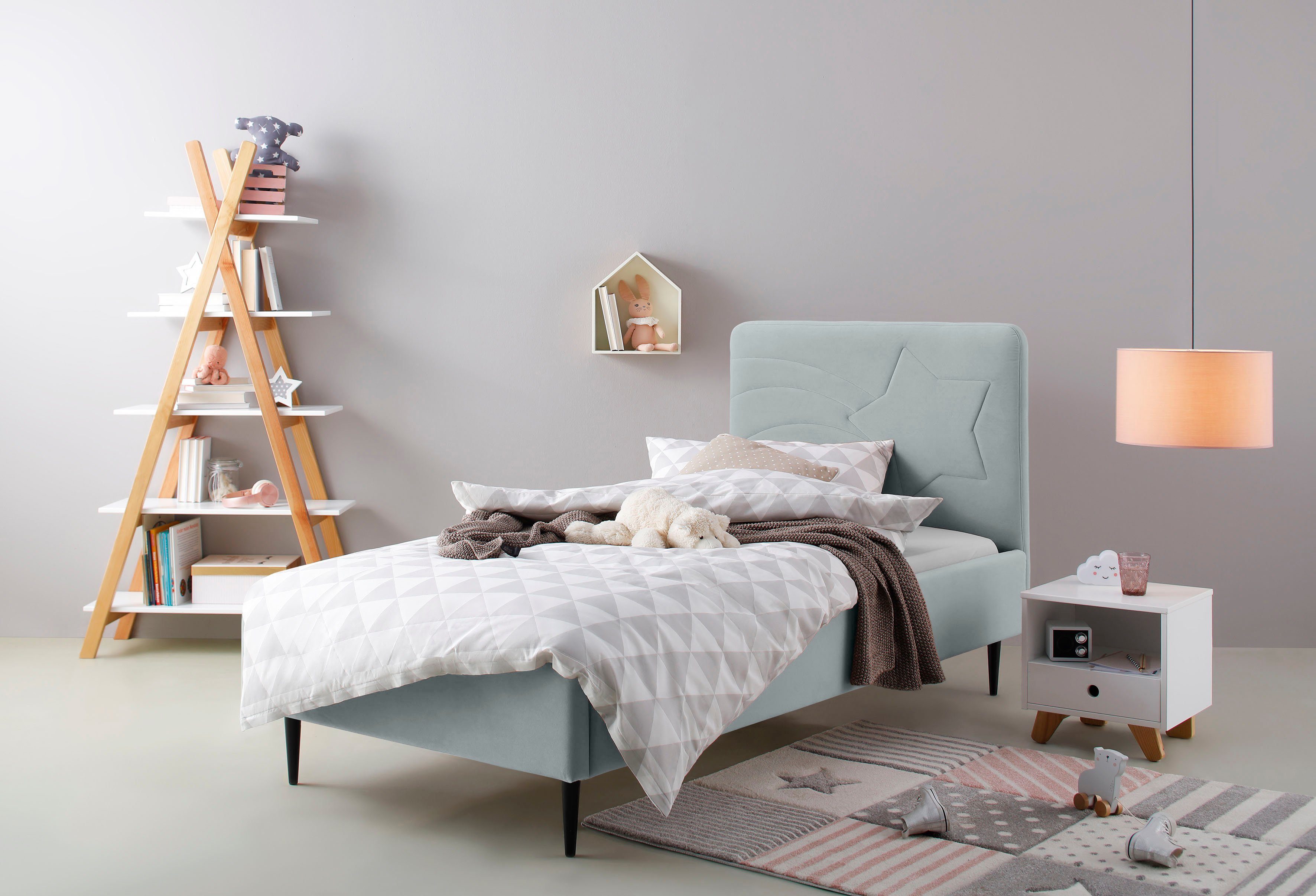 Lüttenhütt Gestoffeerd bed Jonte prettig bekleed hoofdbord met decoratief sterreliëf bedden grijs