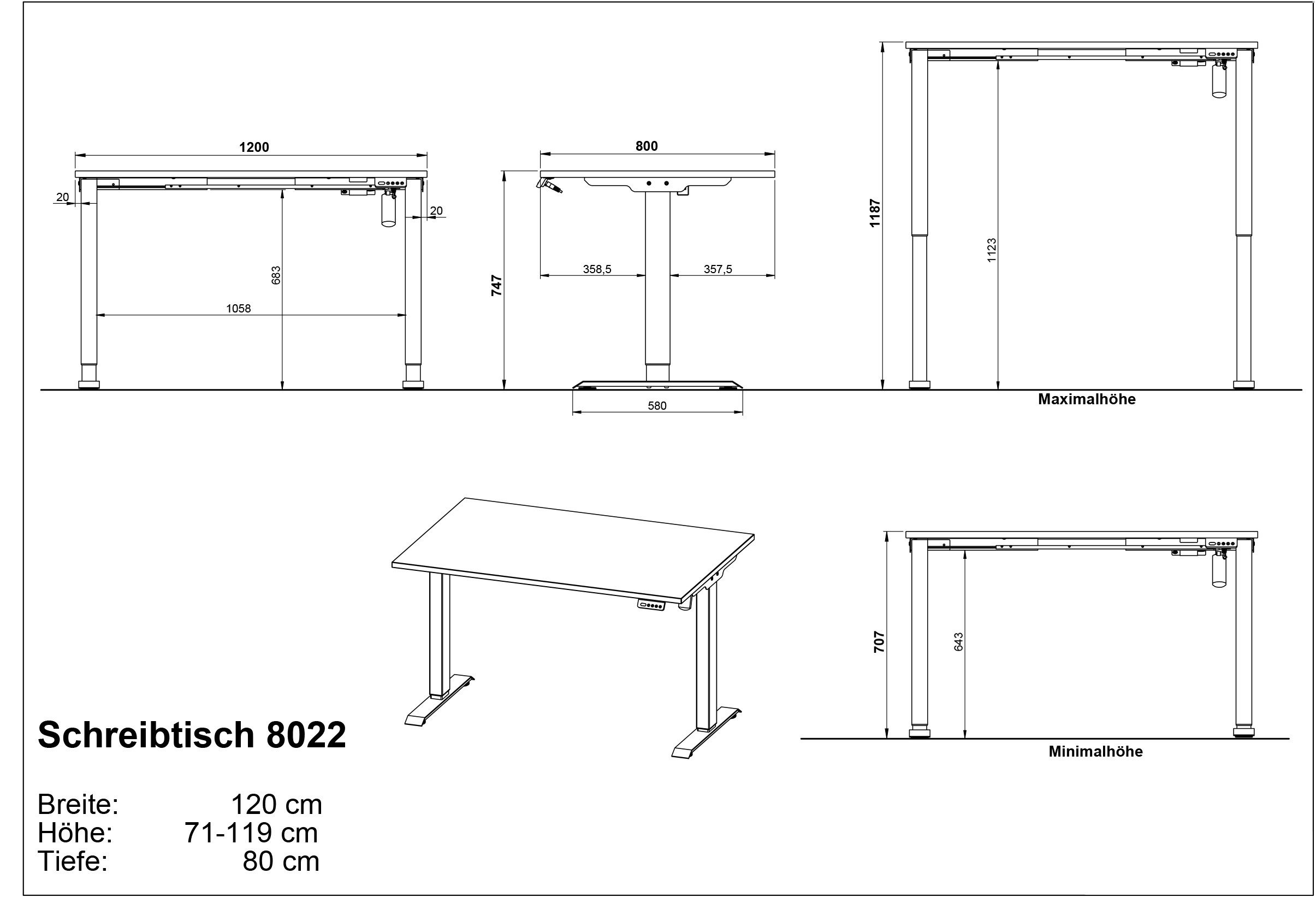 GERMANIA Bureau Boras, elektrisch in hoogte verstelbaar Breedte 120/140/160 cm, metalen frame, Made in Germany