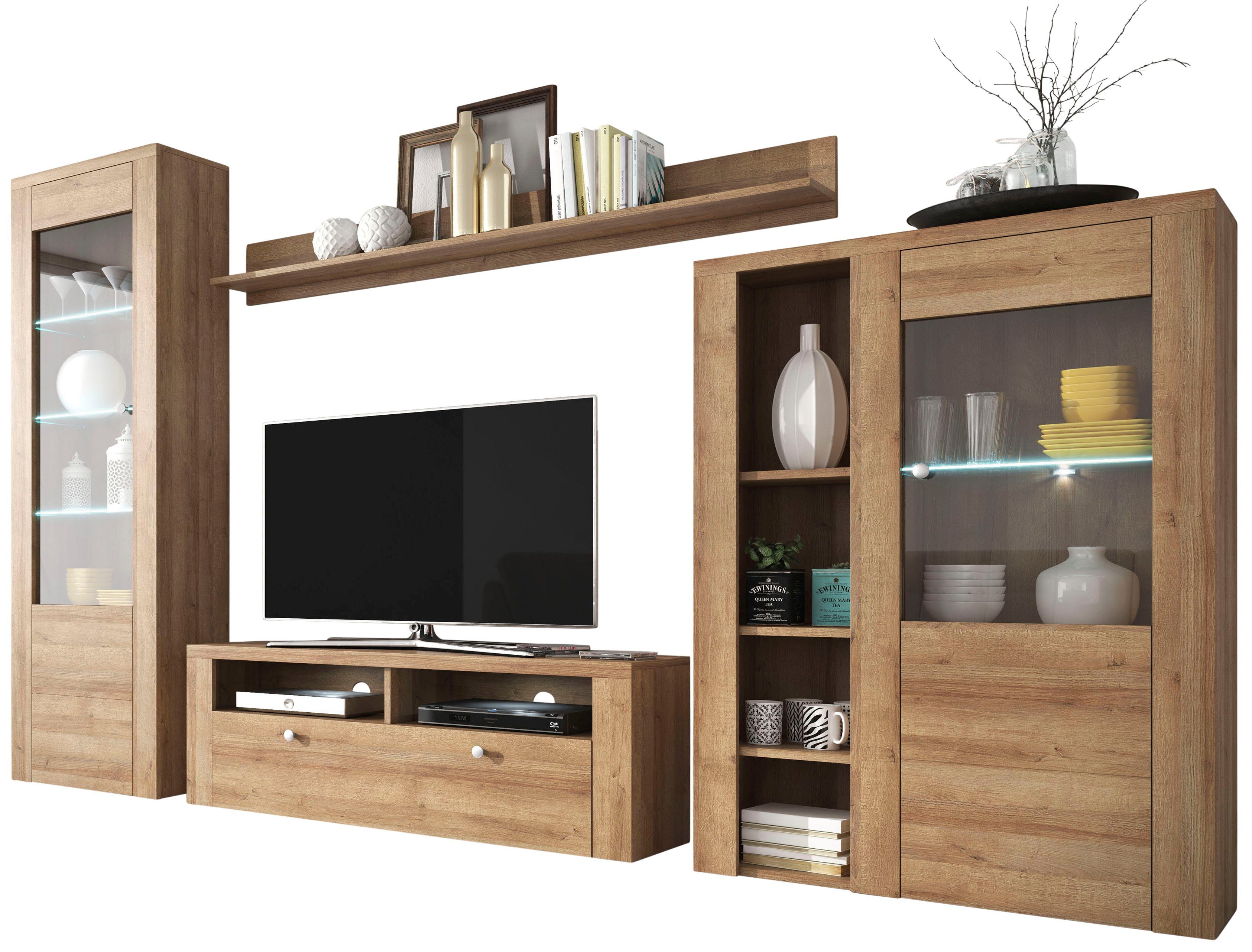 Home affaire Wandmeubel Larona, aanbouwwand, set van 4 delen bestaande uit 1 tv-board, 1 highboard, 1 vitrine, 1 wandplank (set, 4 stuks)
