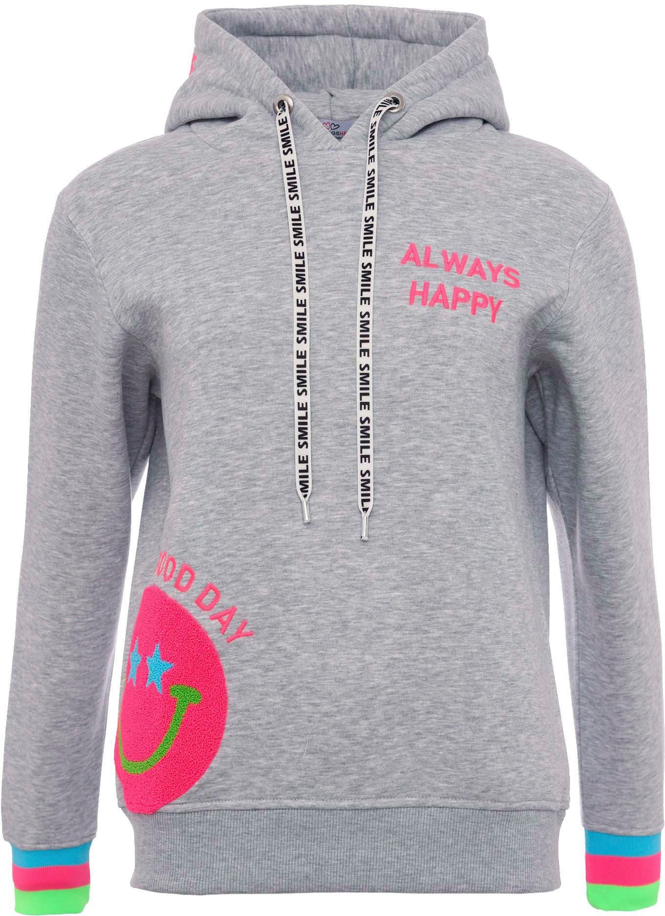 Zwillingsherz Hoodie Always Happy met smiley-print van frotté en neon details