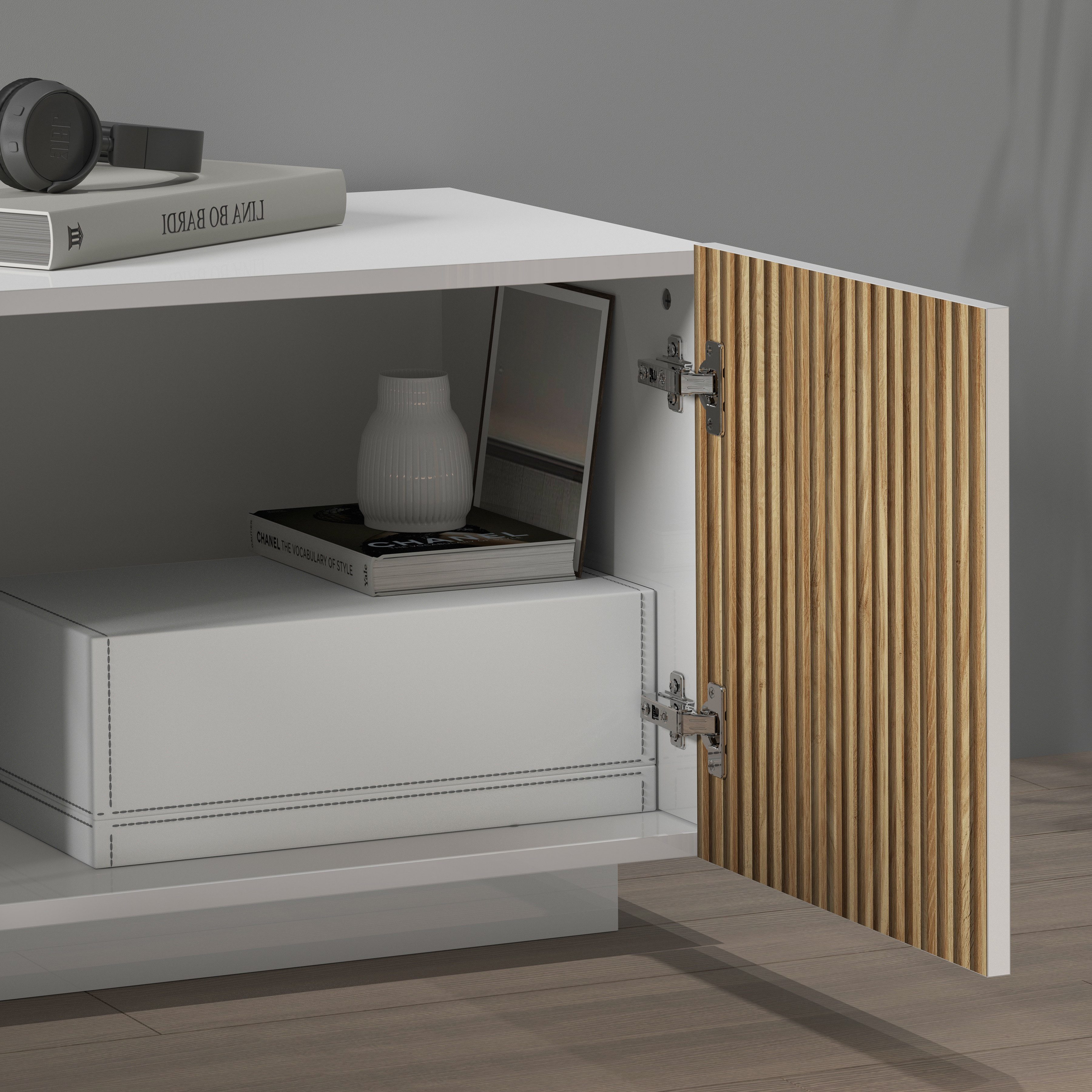 INOSIGN Tv-meubel Vega, Lowboard, TV-meubel, TV-kast, 220 cm met 4 deuren en 1 lade, fronten met groeflook