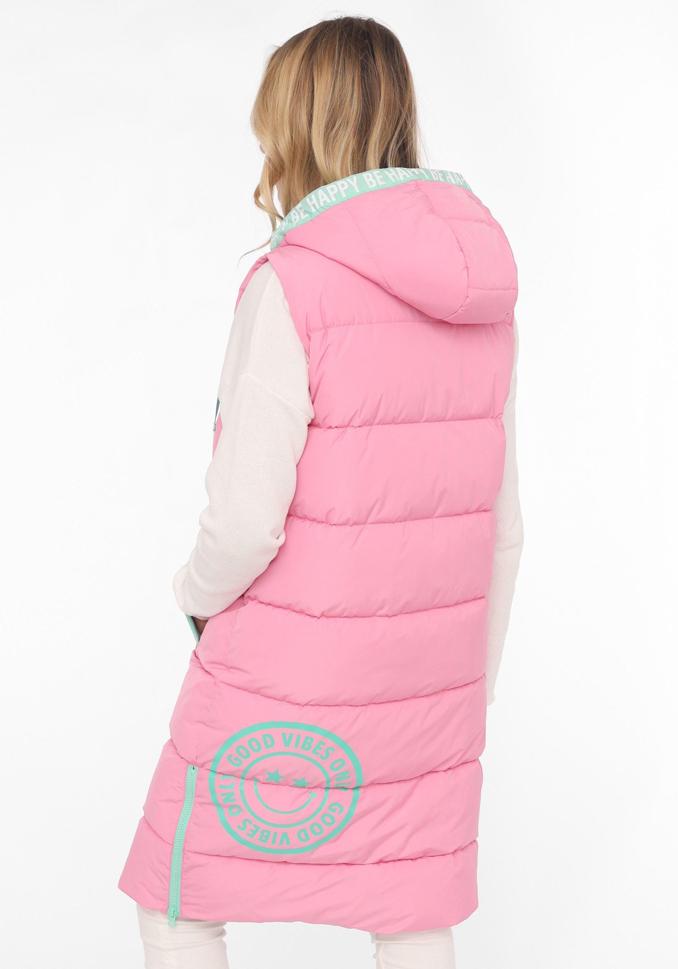 Zwillingsherz Bodywarmer Gewatteerd vest lang "Good Vibes Only" met bedrukte capuchon en zakken, knoopsluiting en print achter