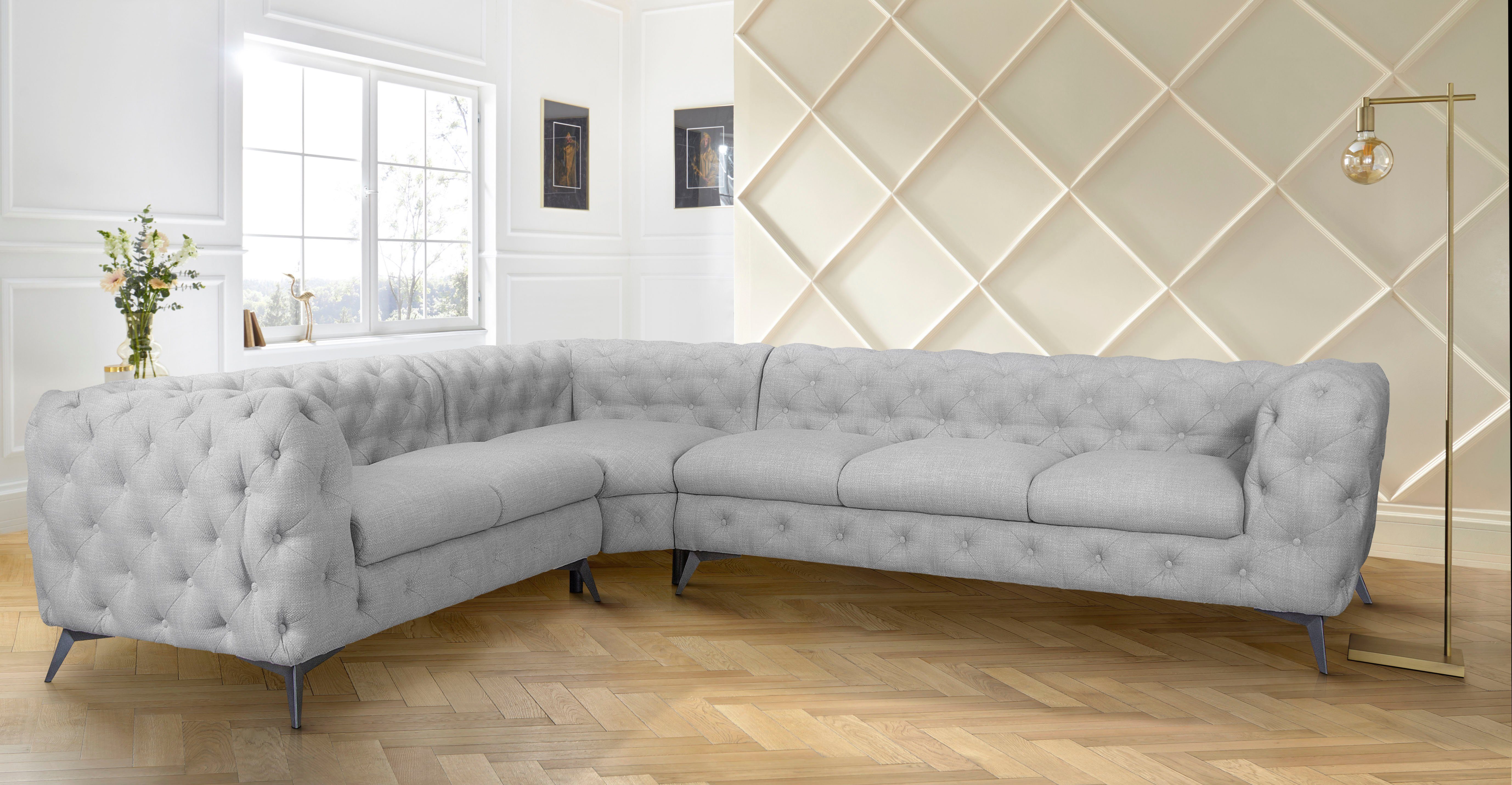 Leonique Chesterfield-bank Glynis L-vorm luxueuze capitonnage, moderne chesterfield look, kleur van de poten ter keuze