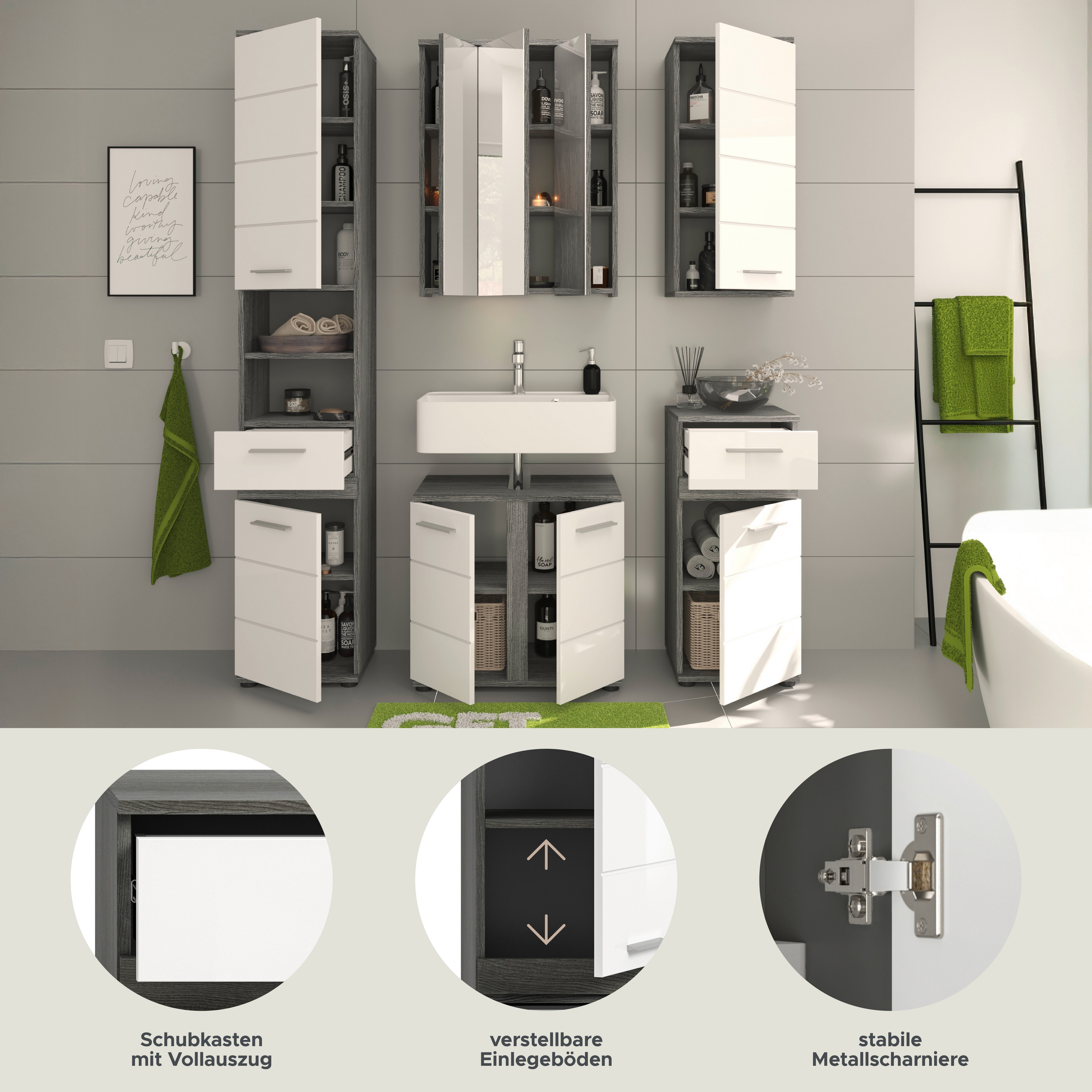 welltime Badkamerserie LUCCA, 5-delig, TOPSELLER!, MDF hoogglansfront, bestaande uit: (set, 5-delig)