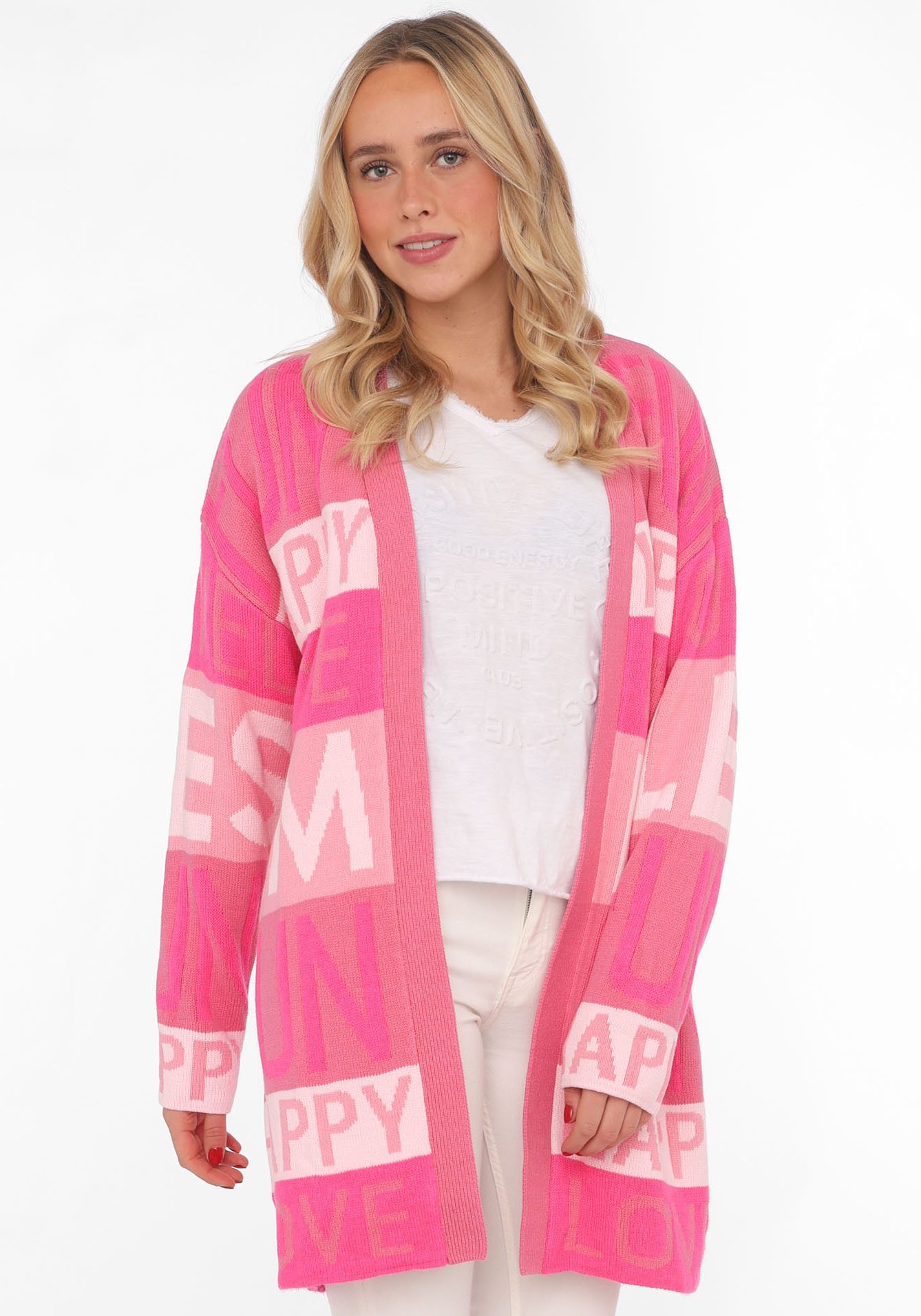 Zwillingsherz Cardigan "Smile Fun Happy" met letters en strepen dames cardigans maat S/M roze