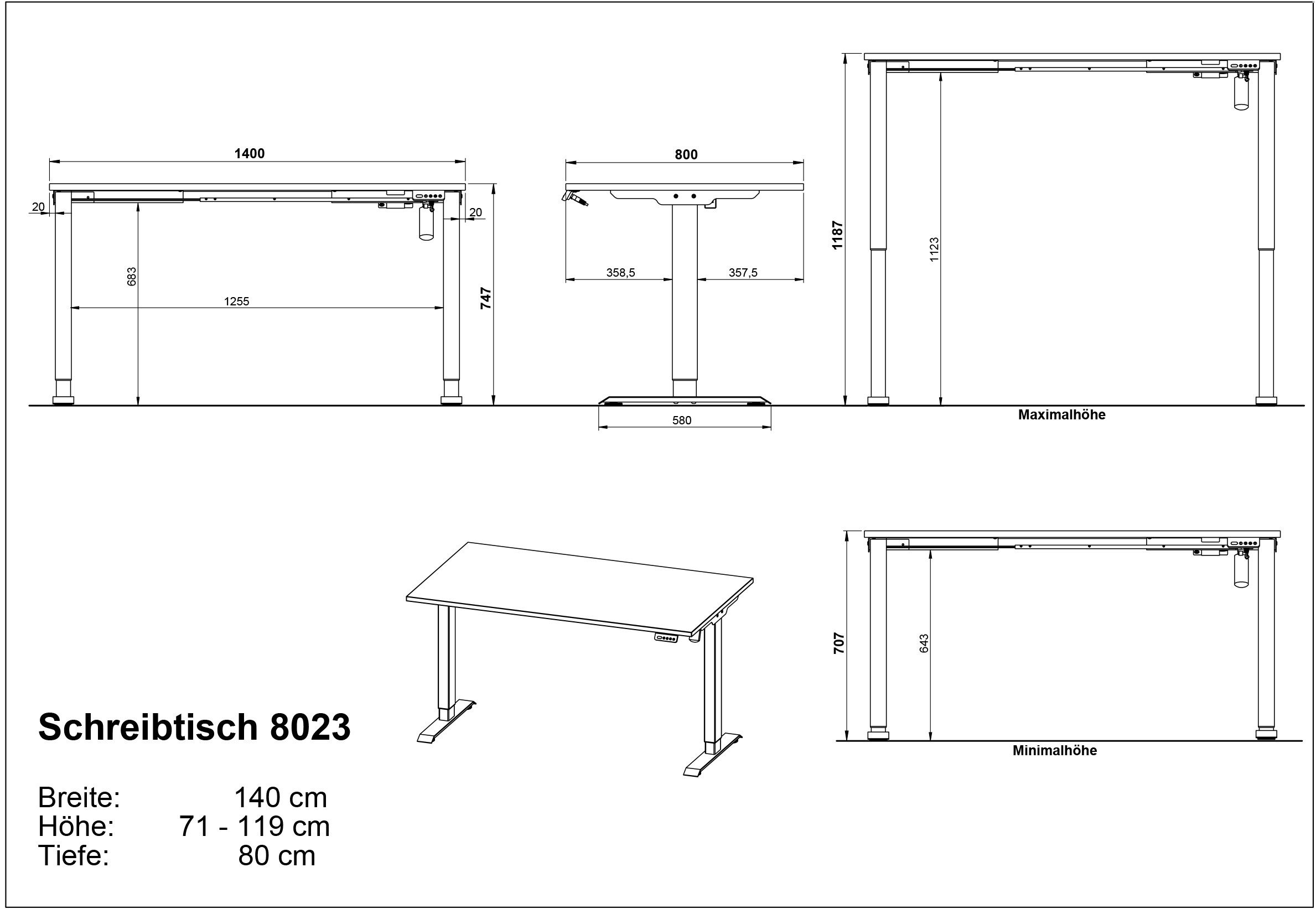 GERMANIA Bureau Boras, elektrisch in hoogte verstelbaar Breedte 120/140/160 cm, metalen frame, Made in Germany